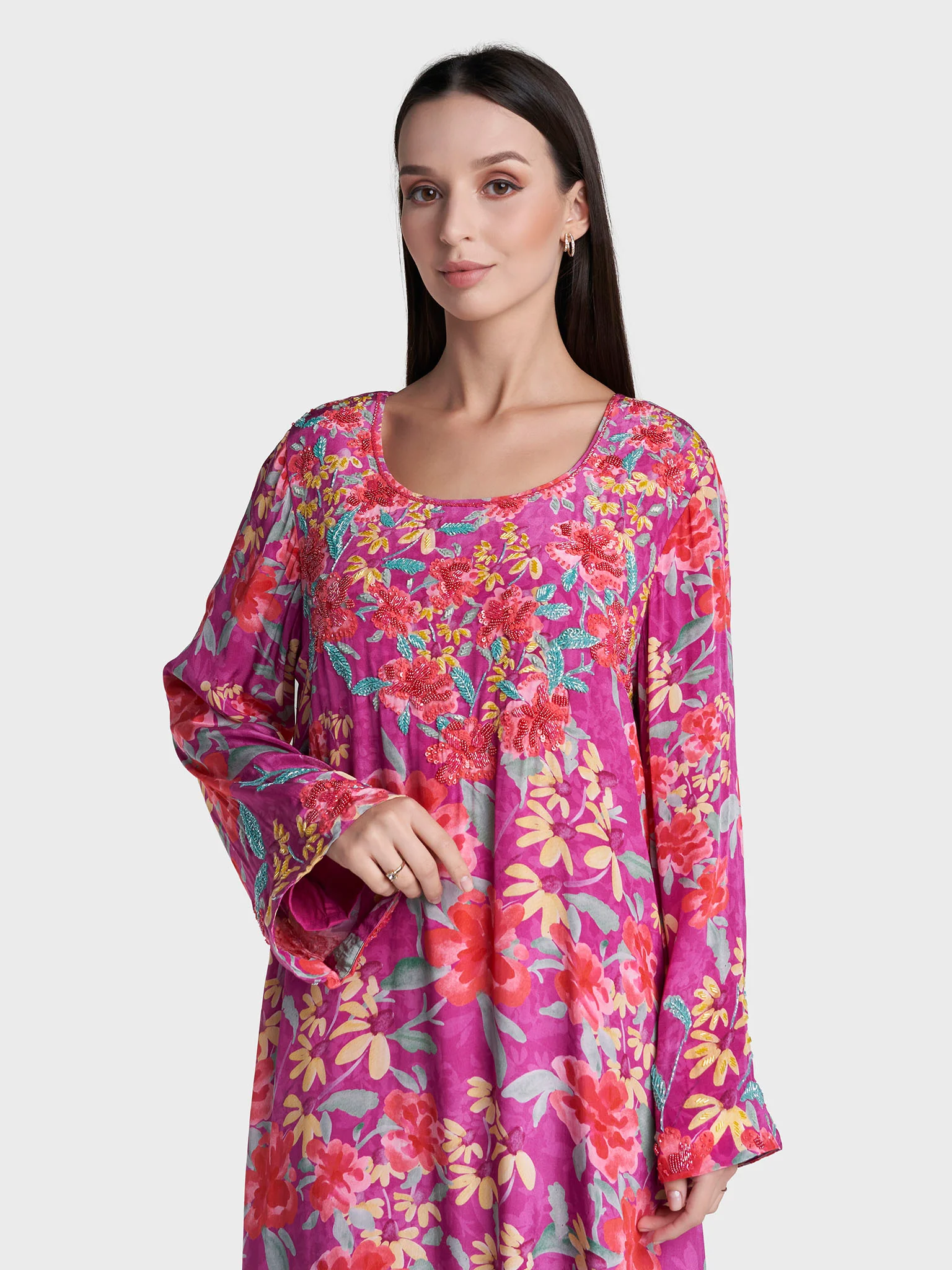 Magenta Colour Floral Print Viscose Crepe Hand Work Jalabiya (VDM952)
