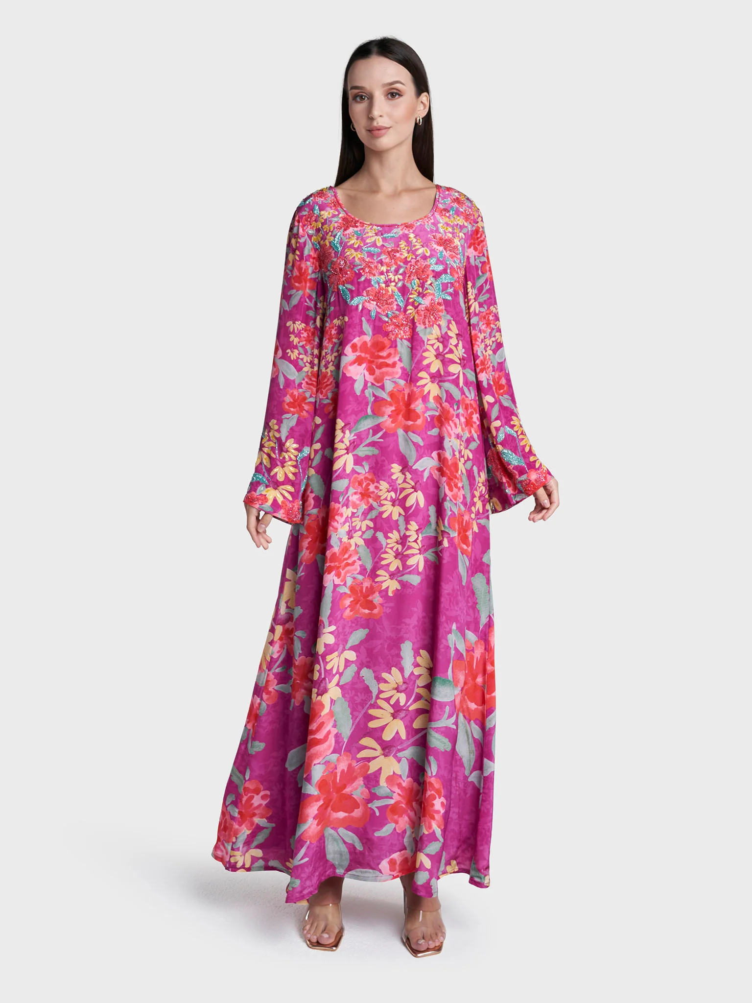 Magenta Colour Floral Print Viscose Crepe Hand Work Jalabiya (VDM952) - Image 2