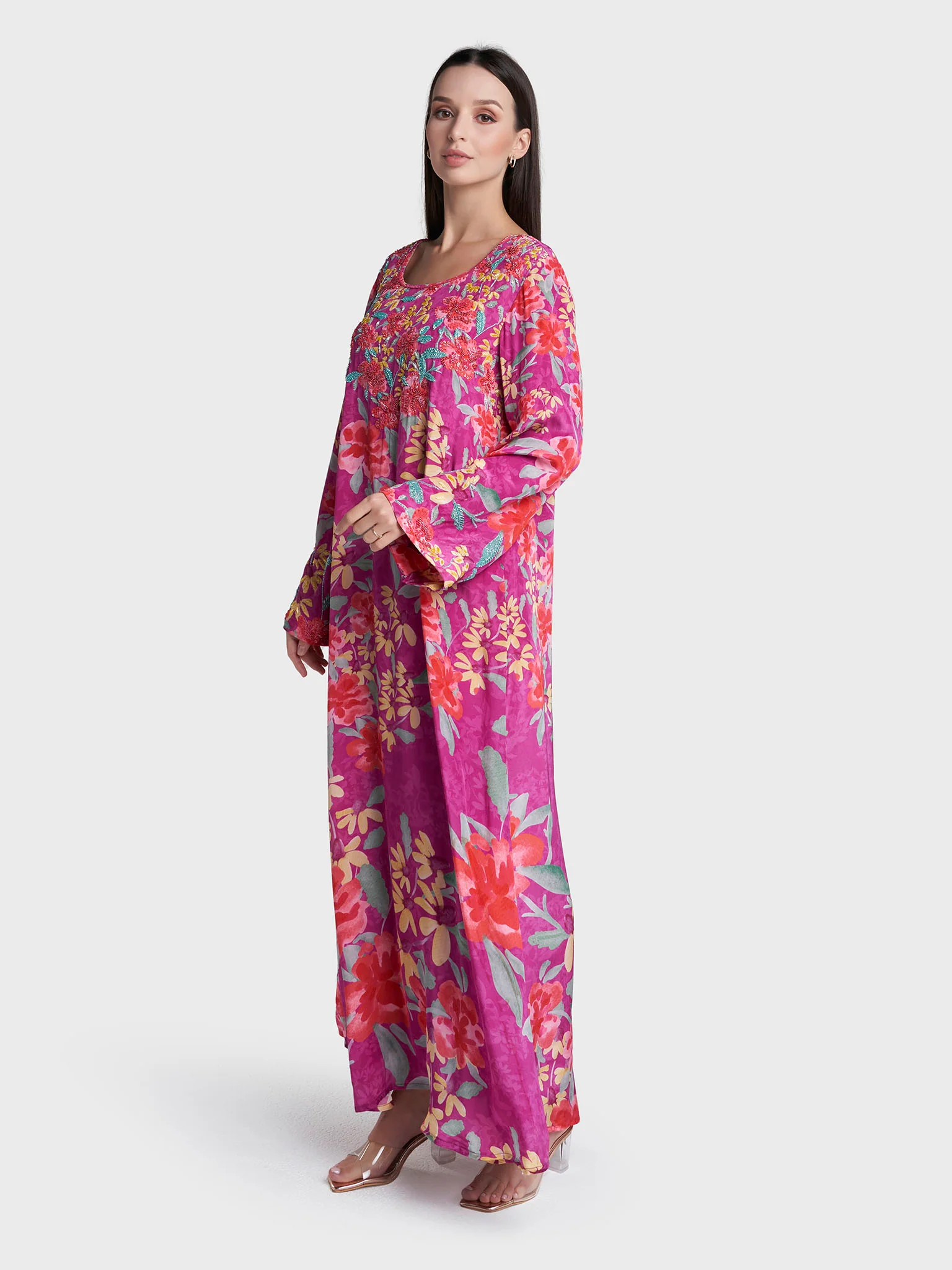 Magenta Colour Floral Print Viscose Crepe Hand Work Jalabiya (VDM952) - Image 3