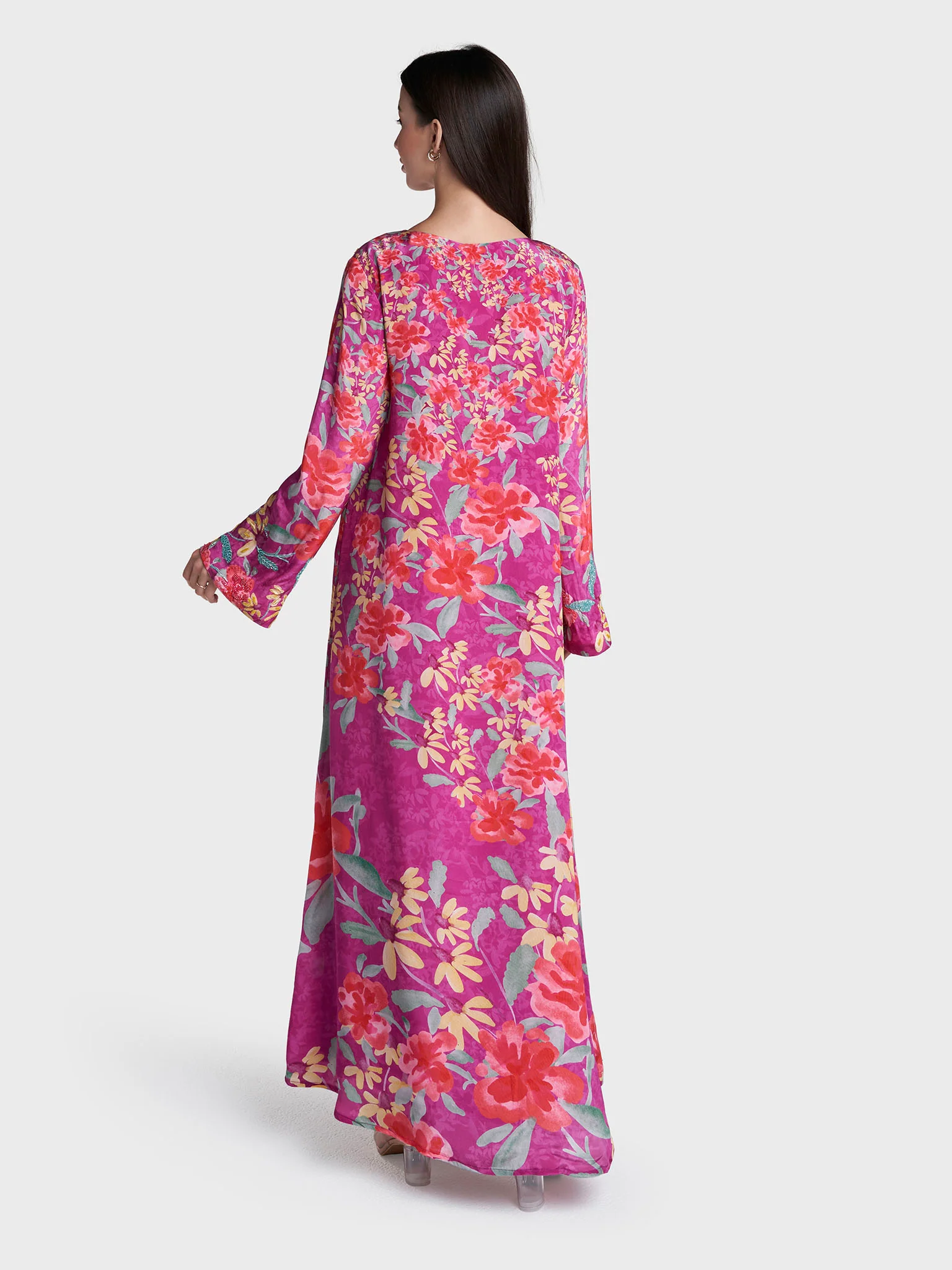 Magenta Colour Floral Print Viscose Crepe Hand Work Jalabiya (VDM952) - Image 4