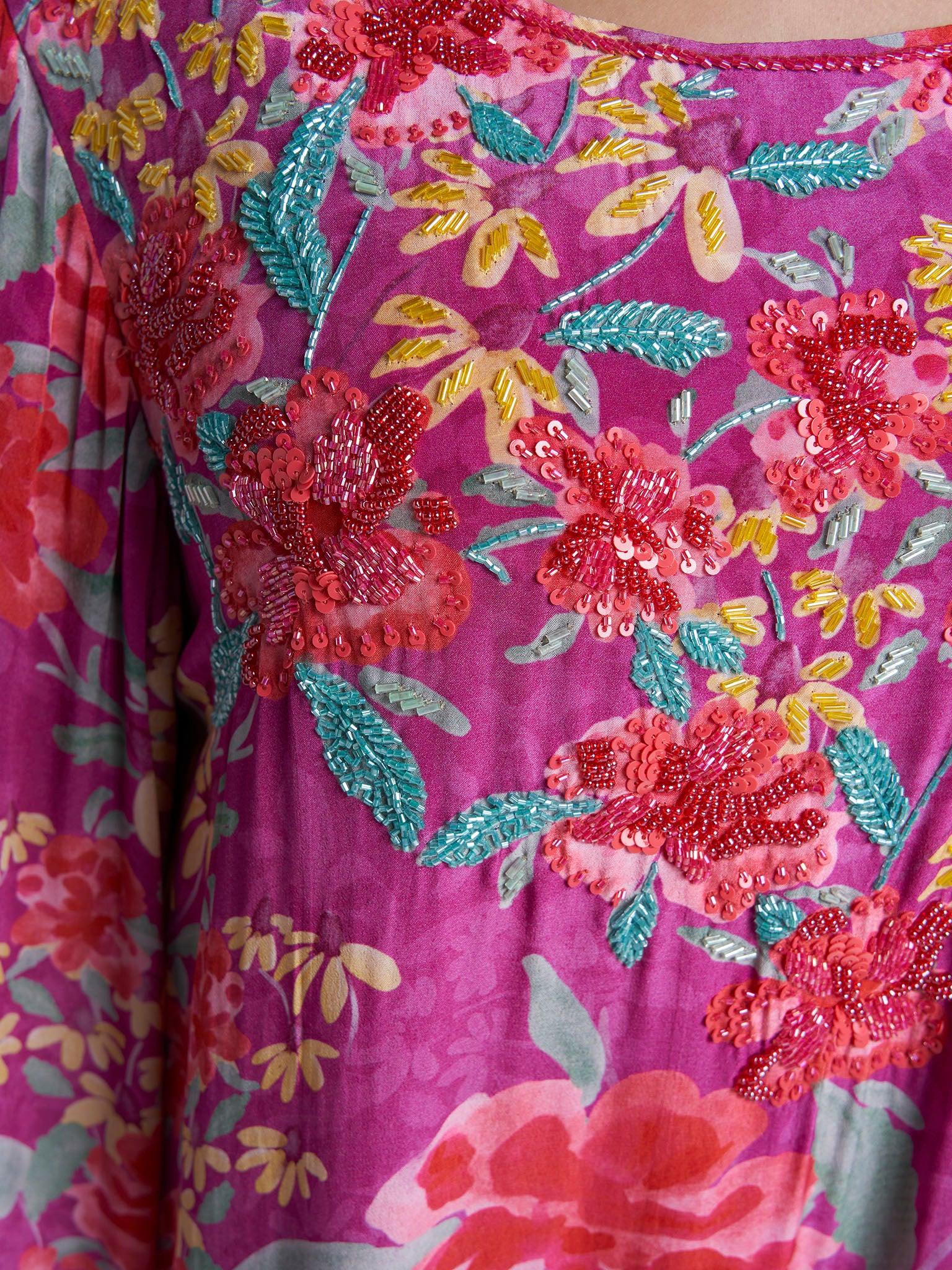 Magenta Colour Floral Print Viscose Crepe Hand Work Jalabiya (VDM952) - Image 5