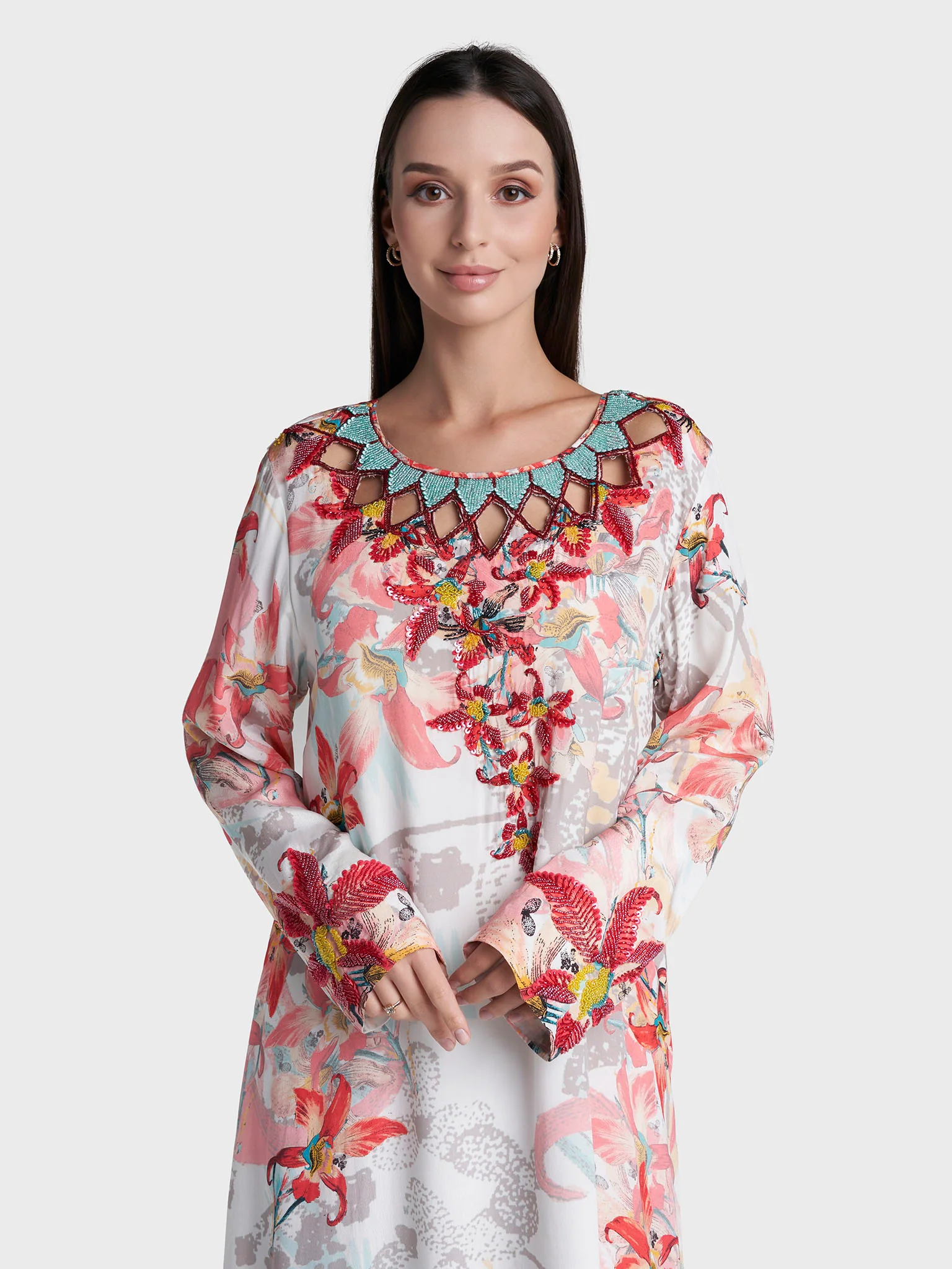 Multi Colour Floral Print Viscose Crepe Hand Work Jalabiya (VDT04)