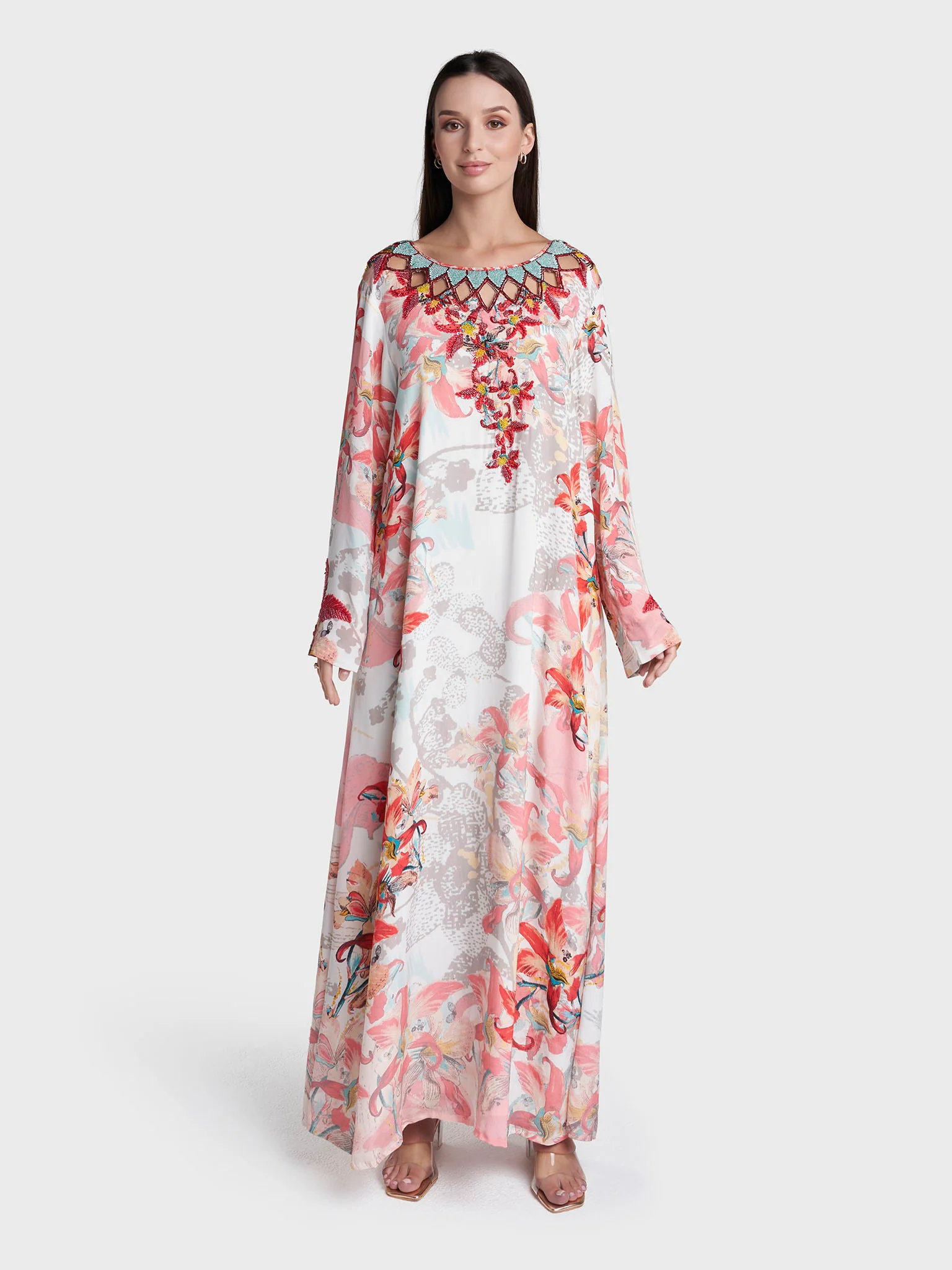 Multi Colour Floral Print Viscose Crepe Hand Work Jalabiya (VDT04) - Image 2