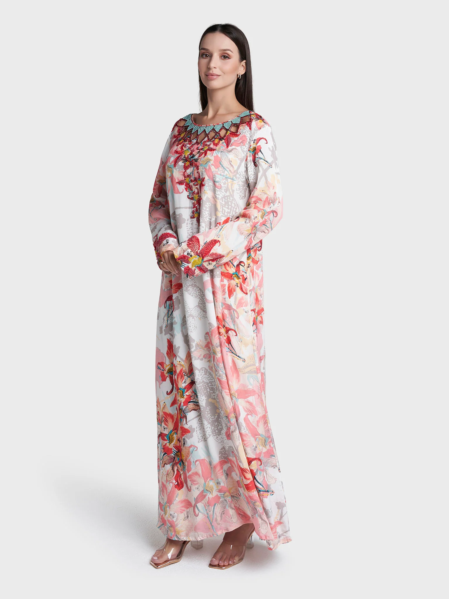 Multi Colour Floral Print Viscose Crepe Hand Work Jalabiya (VDT04) - Image 3
