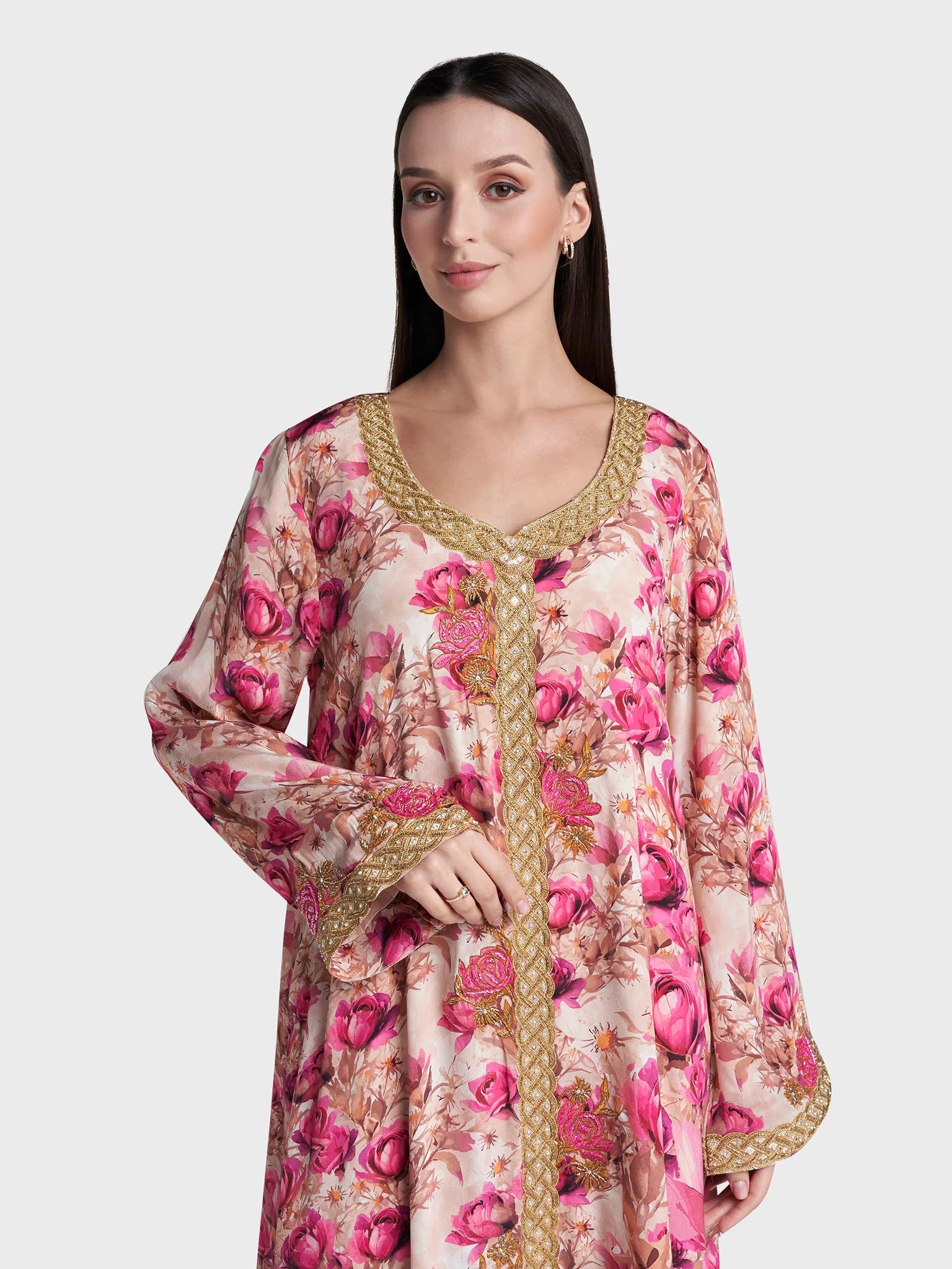 Magenta Colour Floral Print Viscose Crepe Hand Work Jalabiya (VG3135)
