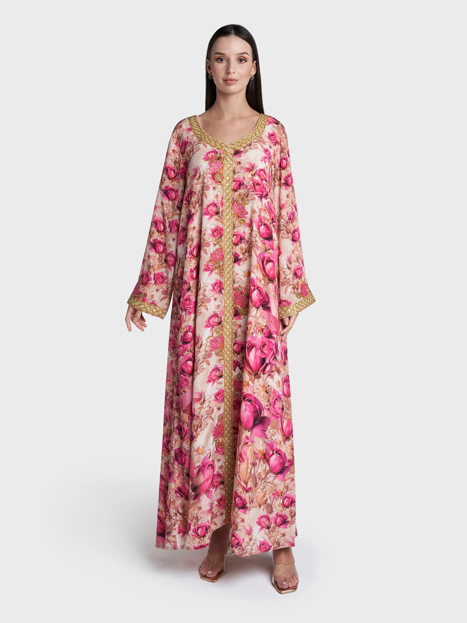 Magenta Colour Floral Print Viscose Crepe Hand Work Jalabiya (VG3135) - Image 2