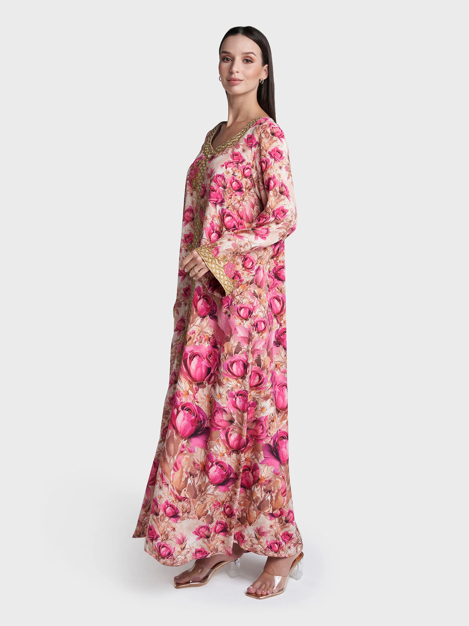 Magenta Colour Floral Print Viscose Crepe Hand Work Jalabiya (VG3135) - Image 3