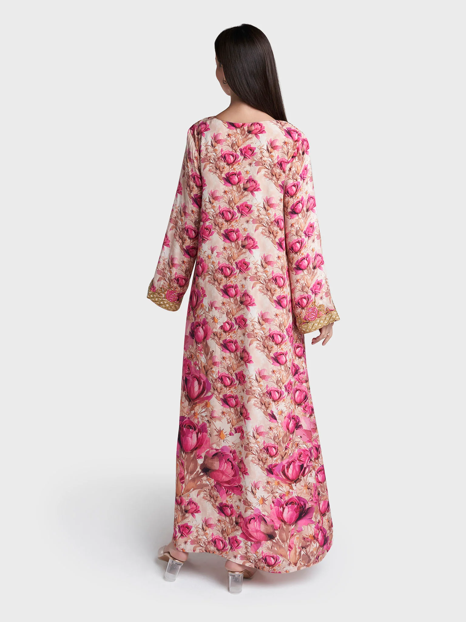 Magenta Colour Floral Print Viscose Crepe Hand Work Jalabiya (VG3135) - Image 4