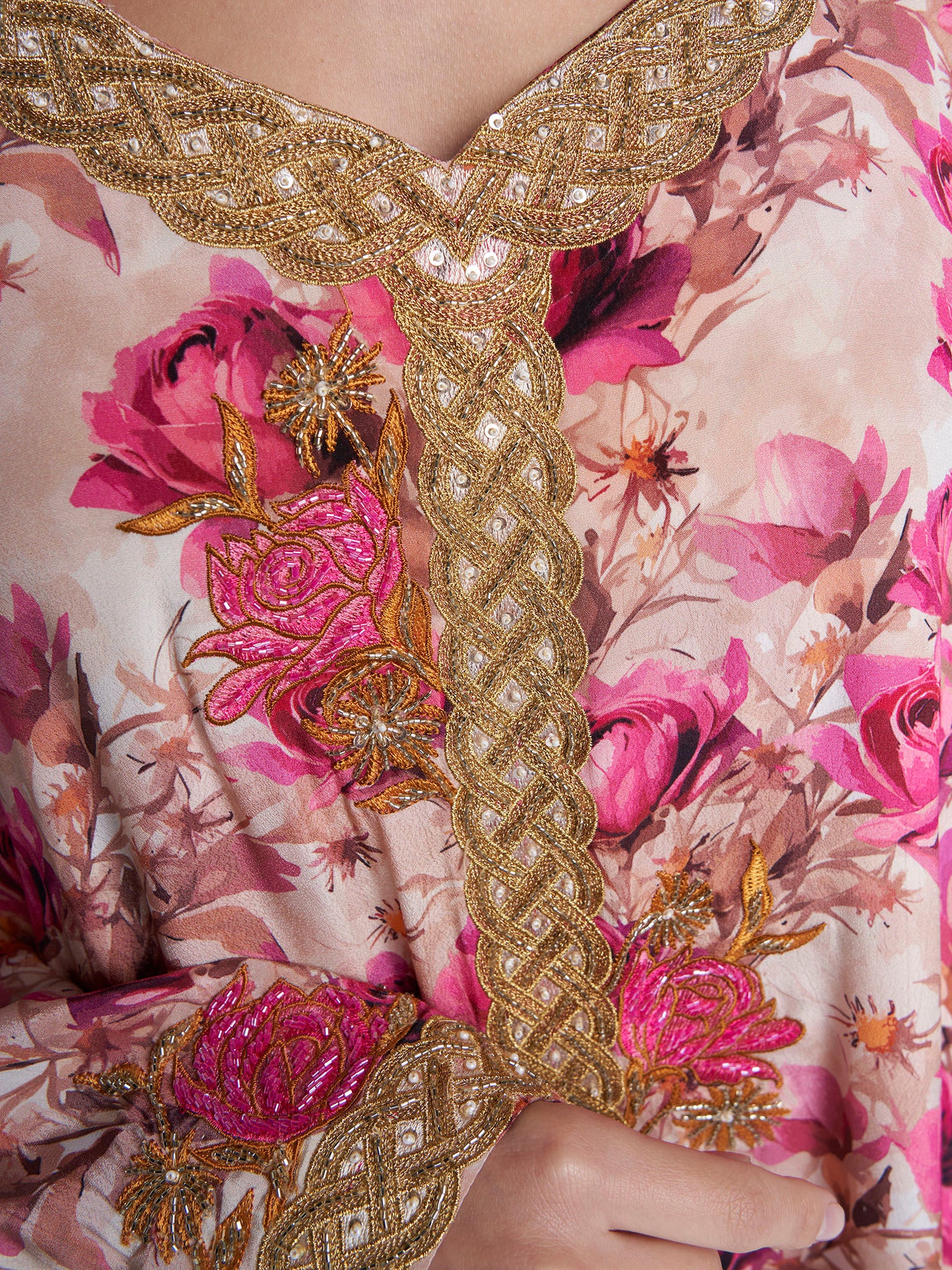 Magenta Colour Floral Print Viscose Crepe Hand Work Jalabiya (VG3135) - Image 5