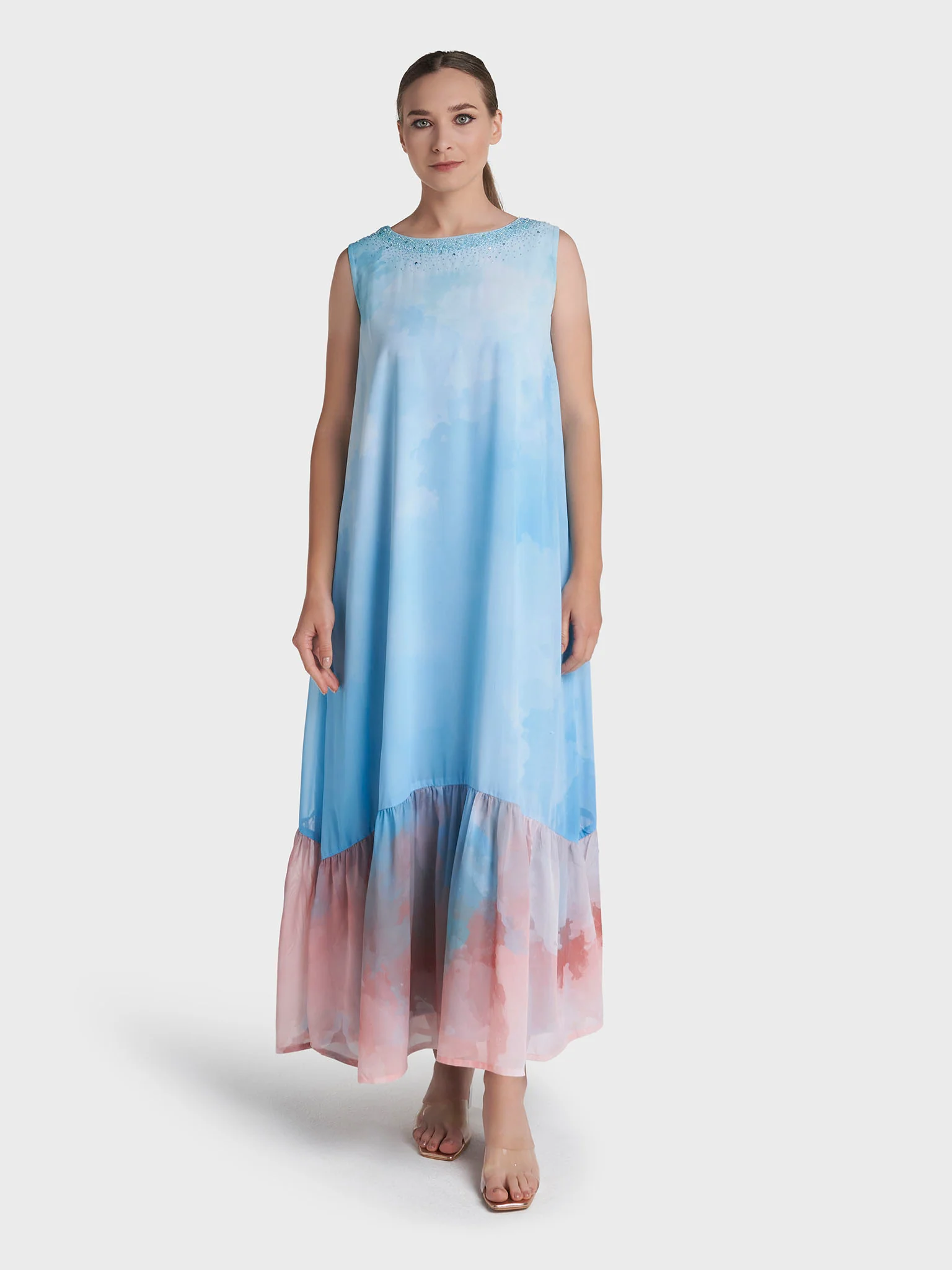 Light Blue Colour Hand Work Georgette Floral Printed Dress (VDX25) - Image 3