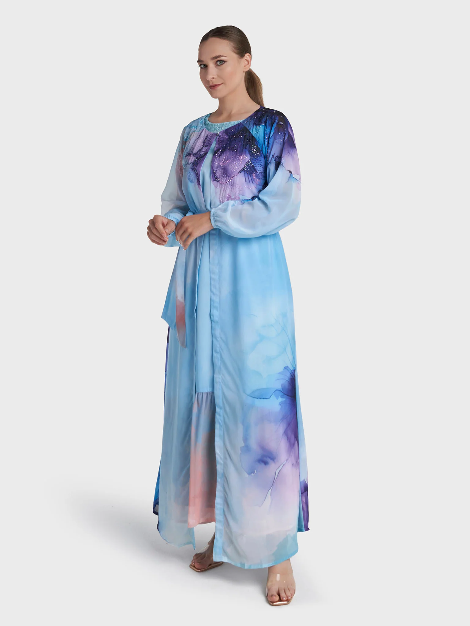 Light Blue Colour Hand Work Georgette Floral Printed Dress (VDX25) - Image 4
