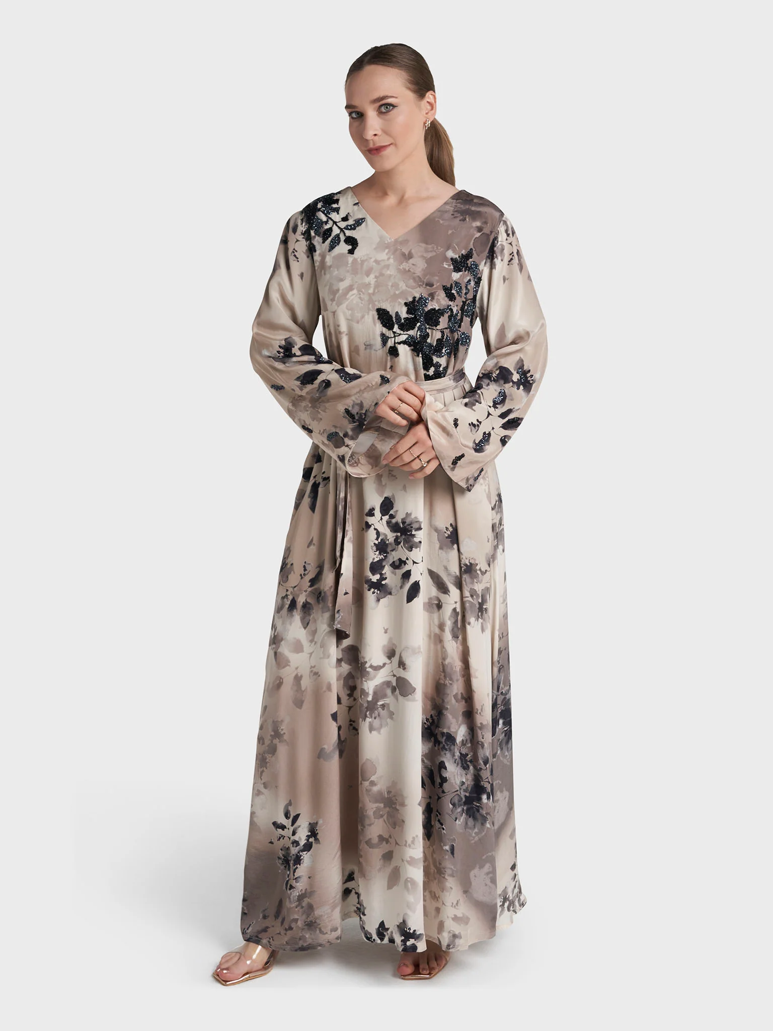 Beige Colour Hand Work Viscose Crepe Floral Printed Dress (VDC154) - Image 3