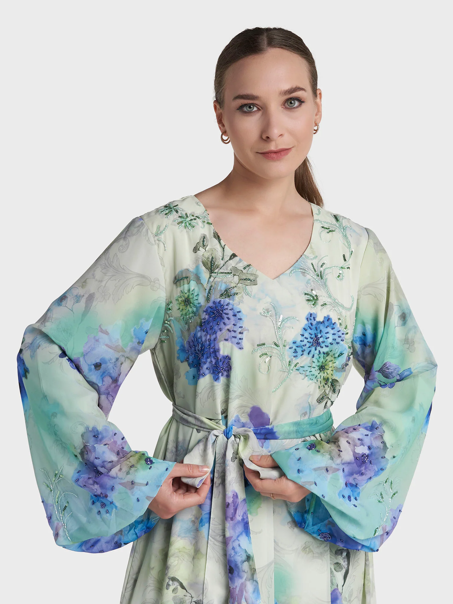 Light Green Colour Hand Work Georgette Floral Printed Dress (VDC165)