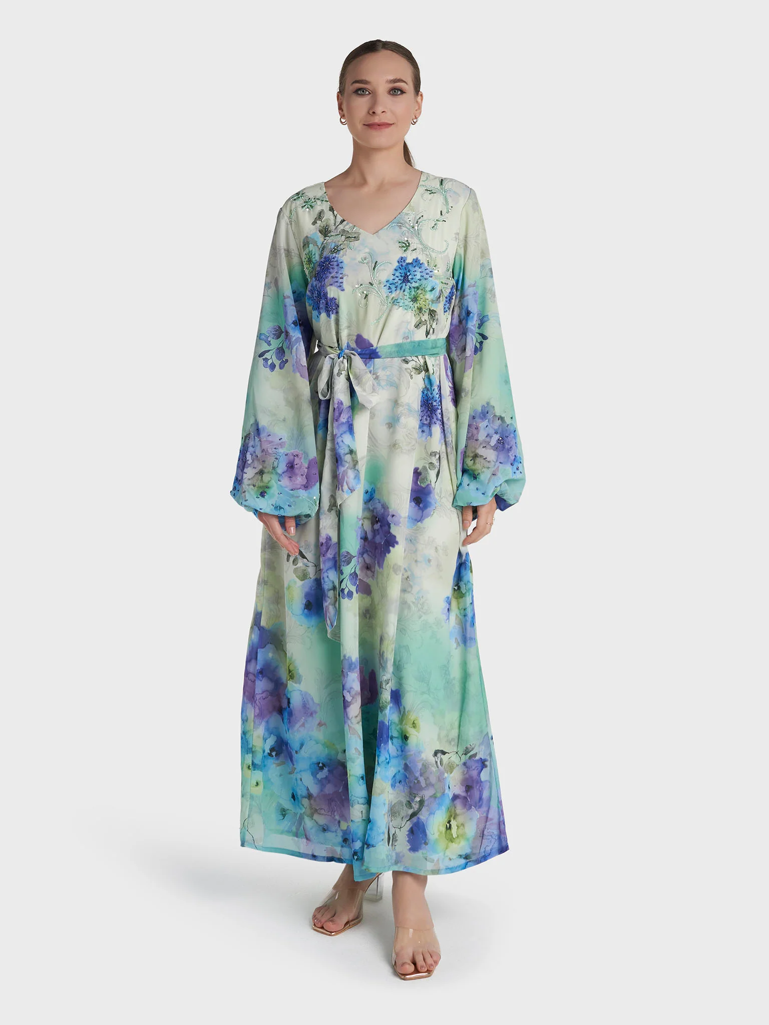 Light Green Colour Hand Work Georgette Floral Printed Dress (VDC165) - Image 2