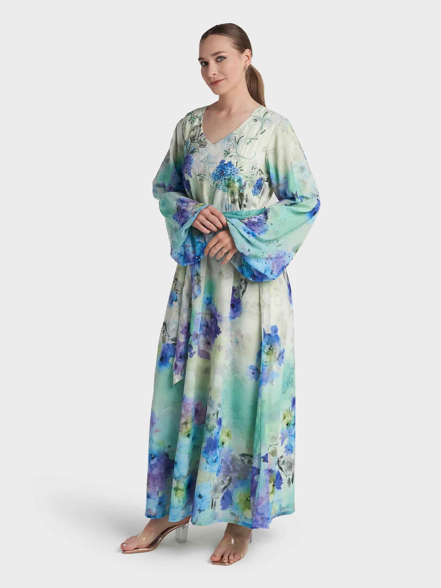 Light Green Colour Hand Work Georgette Floral Printed Dress (VDC165) - Image 3