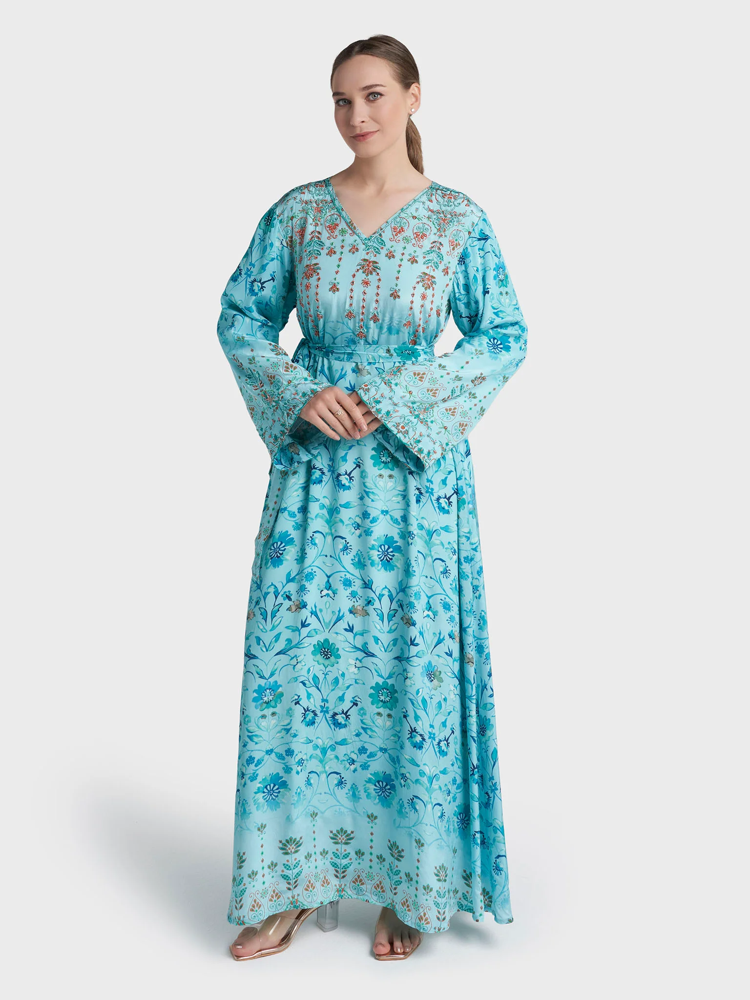 Aqua Blue Colour Hand Work Viscose Crepe Floral Printed Dress (VDC172A) - Image 3