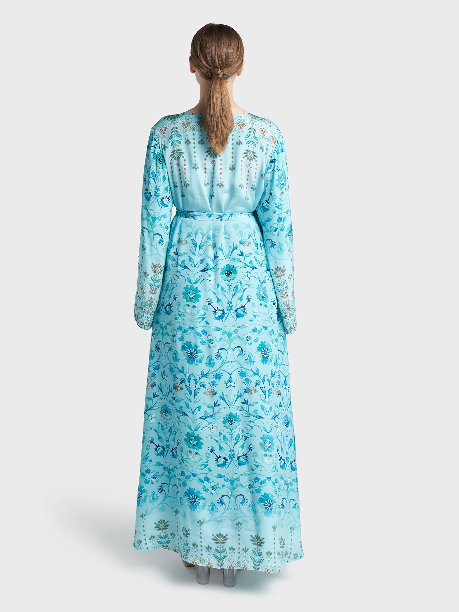 Aqua Blue Colour Hand Work Viscose Crepe Floral Printed Dress (VDC172A) - Image 4