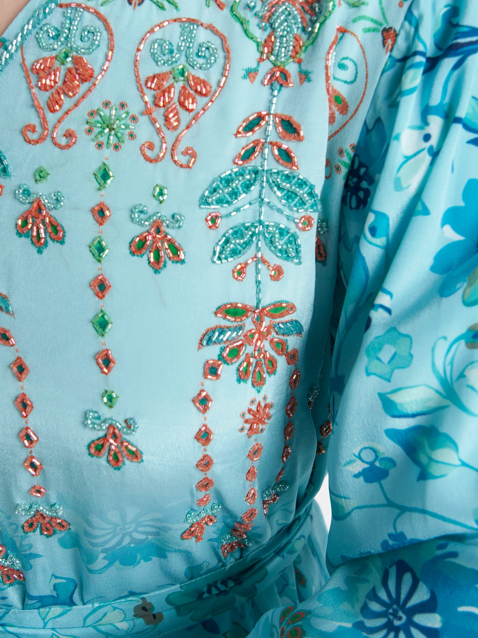 Aqua Blue Colour Hand Work Viscose Crepe Floral Printed Dress (VDC172A) - Image 5
