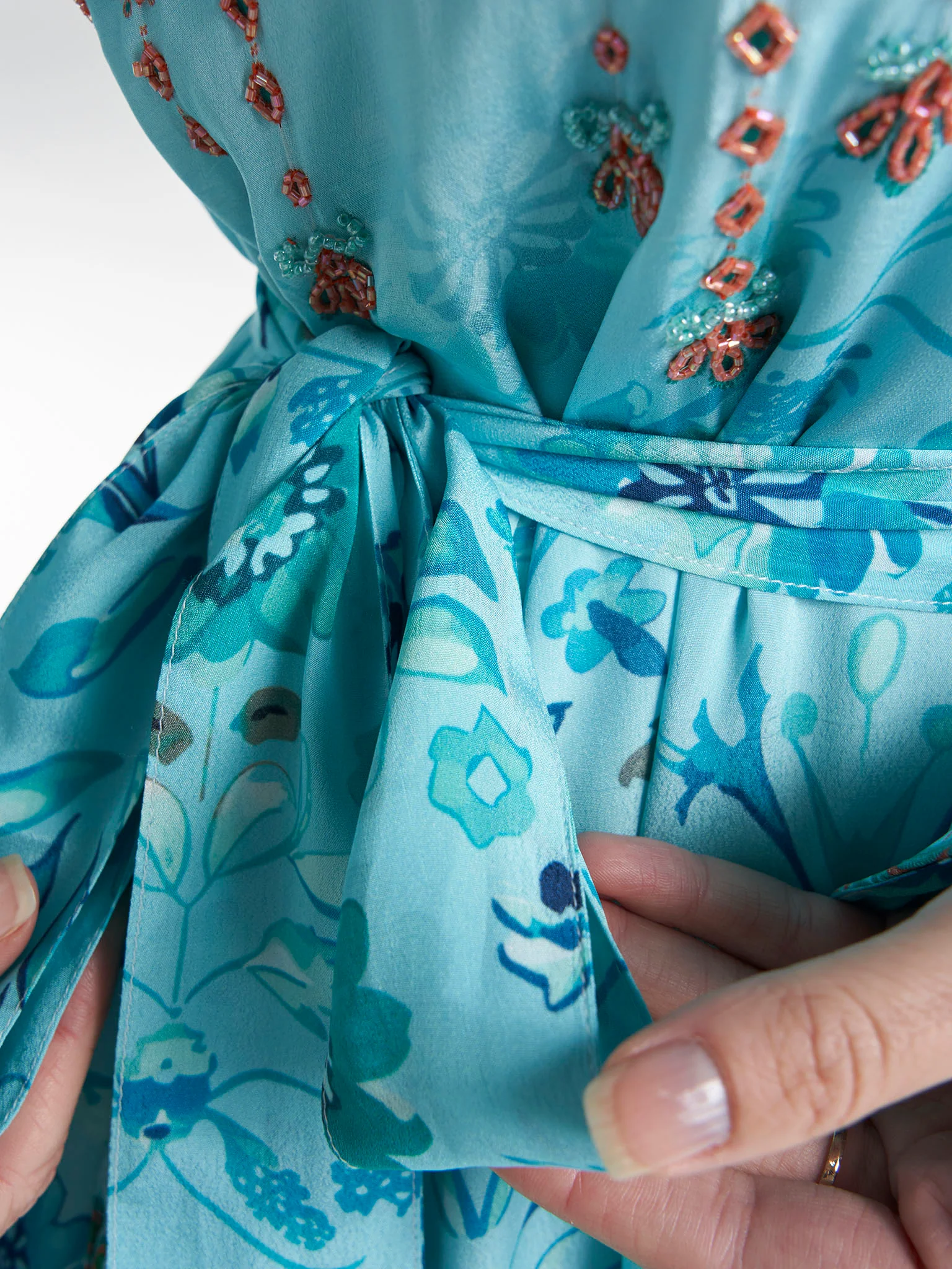 Aqua Blue Colour Hand Work Viscose Crepe Floral Printed Dress (VDC172A) - Image 6