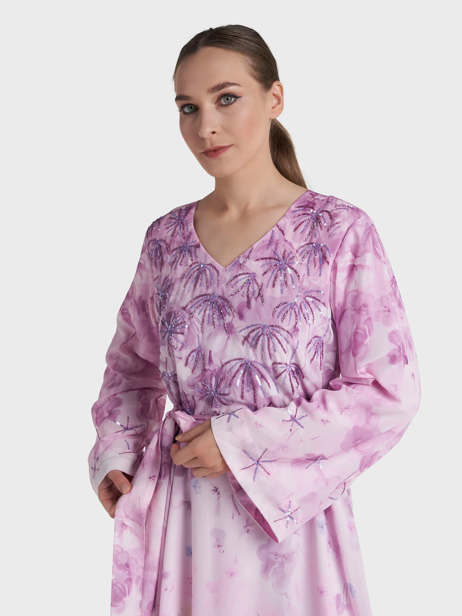 Light Purple Colour Hand Work Georgette Floral Printed Dress (VDD01)
