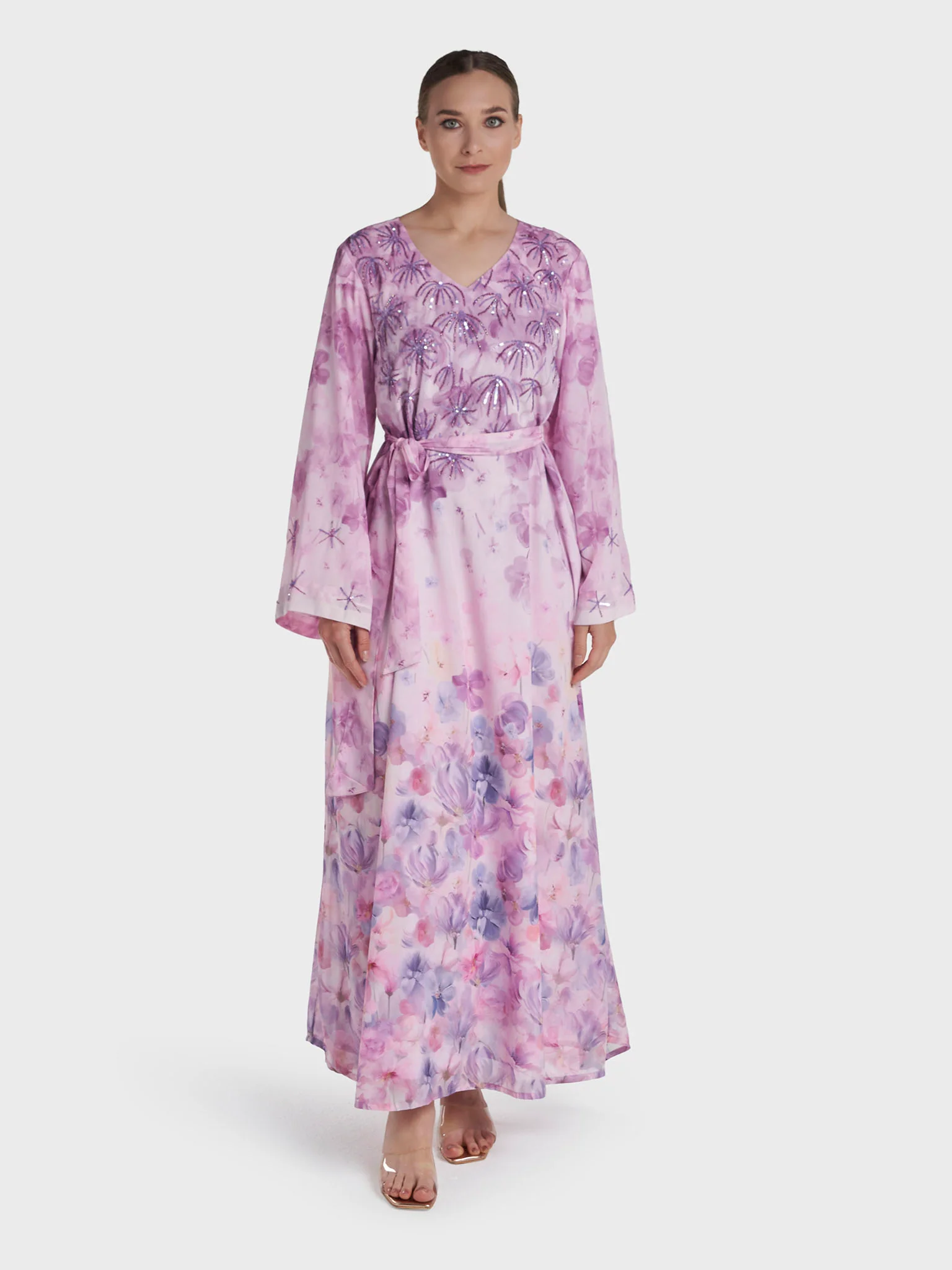 Light Purple Colour Hand Work Georgette Floral Printed Dress (VDD01) - Image 2