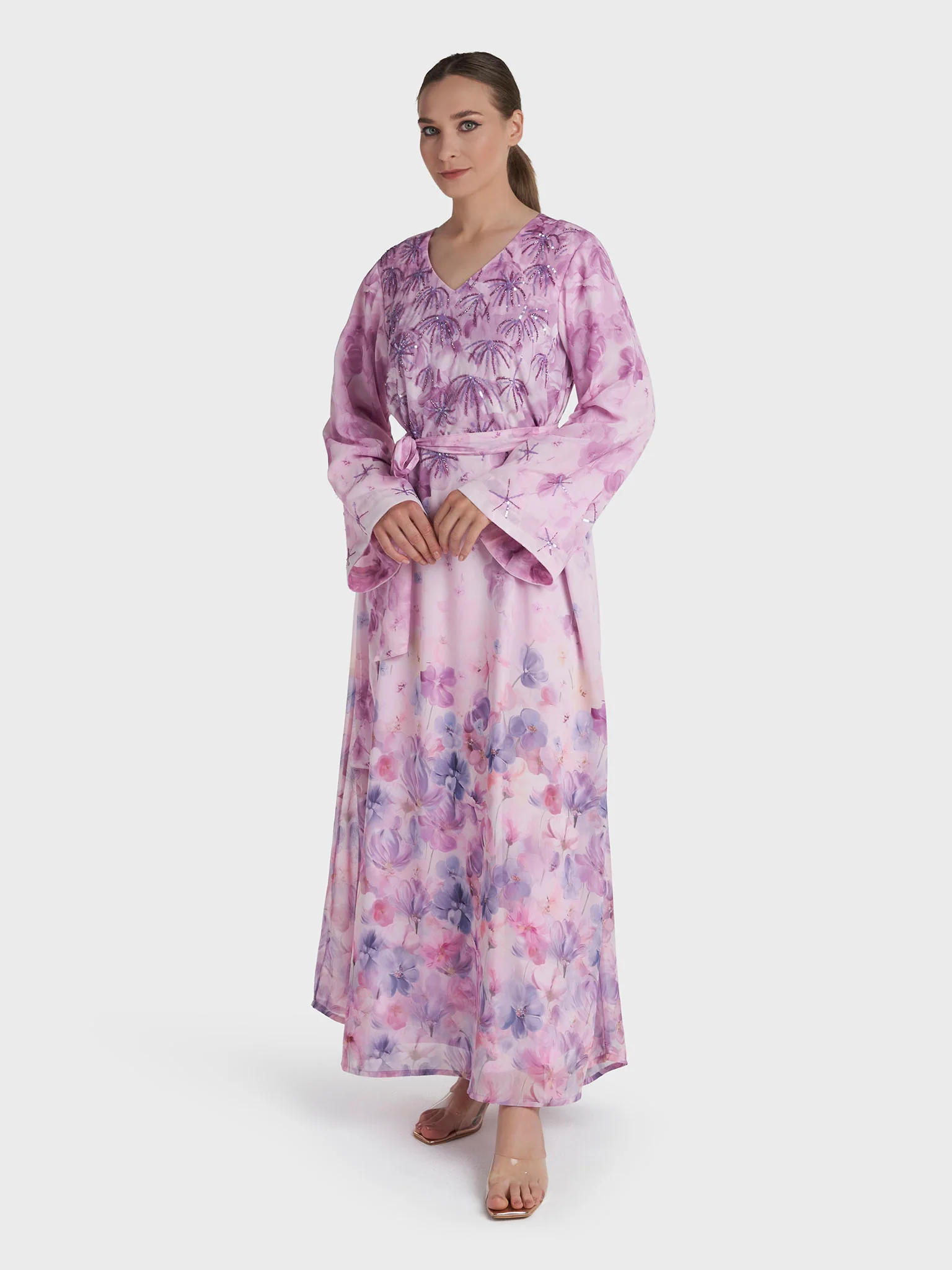 Light Purple Colour Hand Work Georgette Floral Printed Dress (VDD01) - Image 3