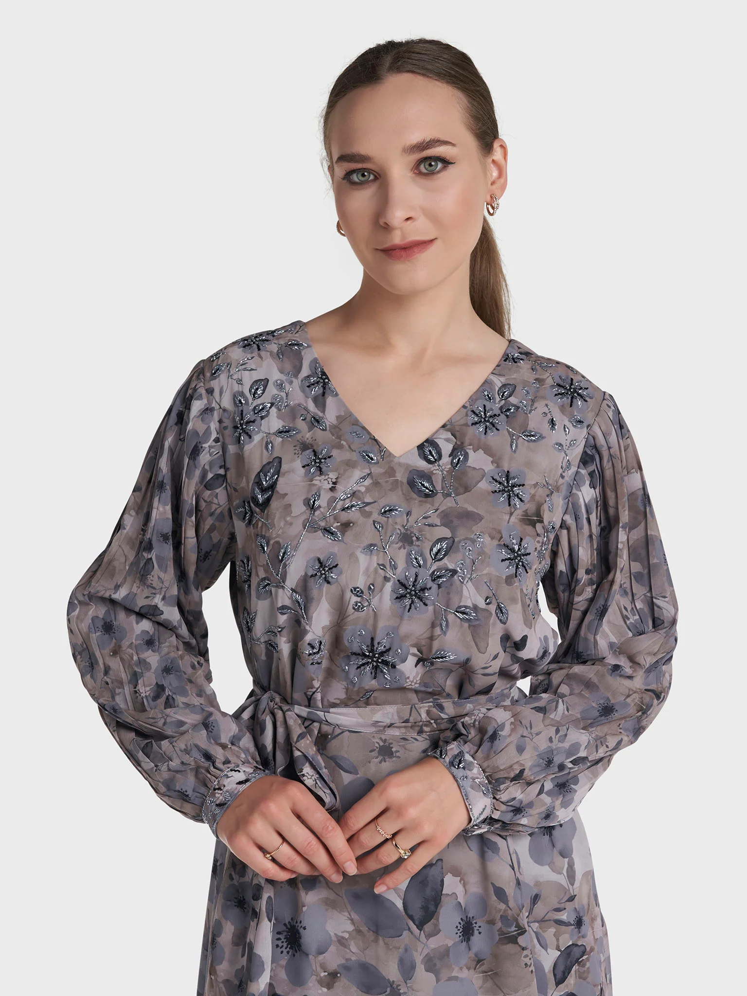 Dark Grey Colour Hand Work Georgette Floral Printed Dress (VDD03)