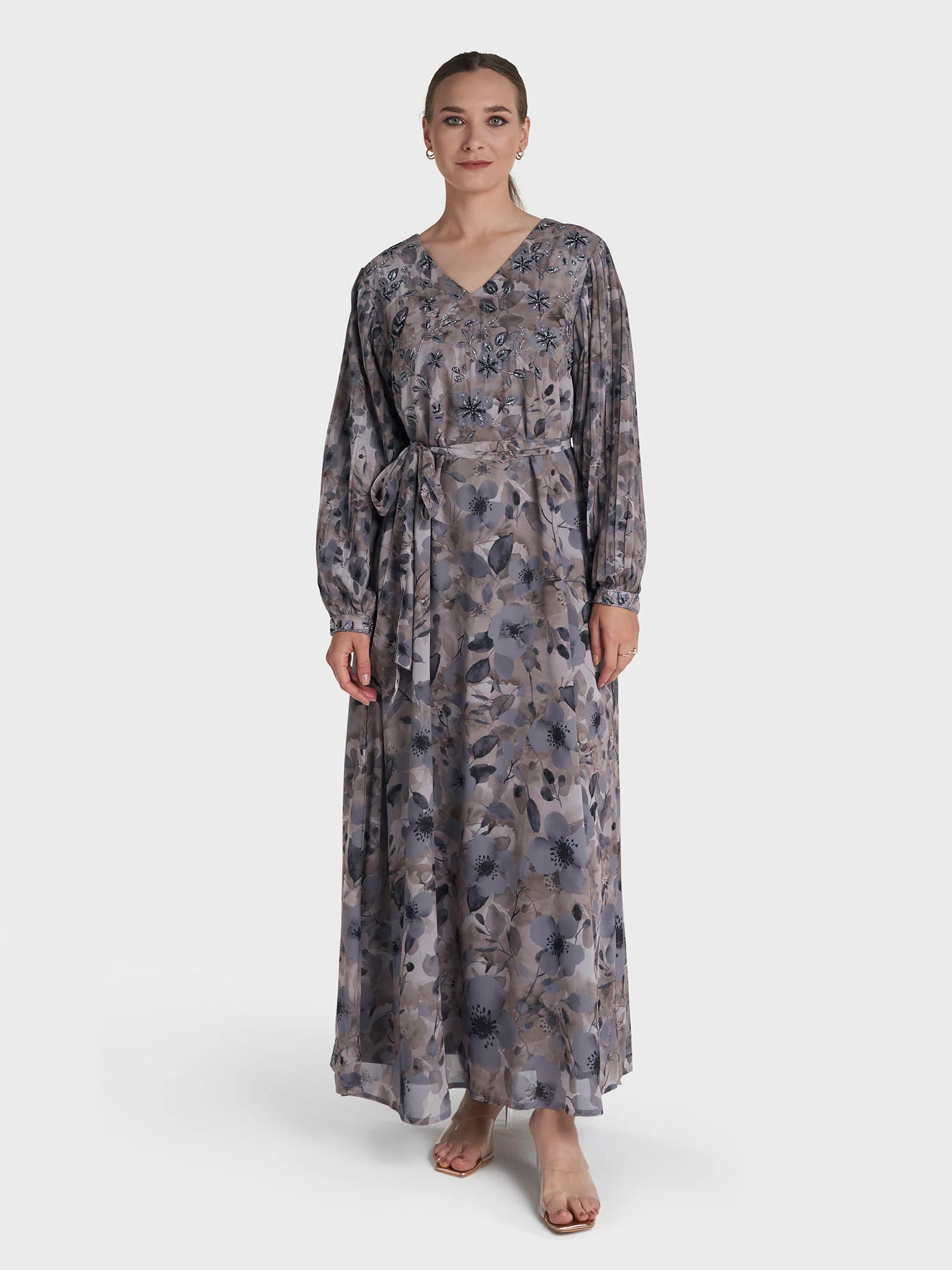 Dark Grey Colour Hand Work Georgette Floral Printed Dress (VDD03) - Image 2