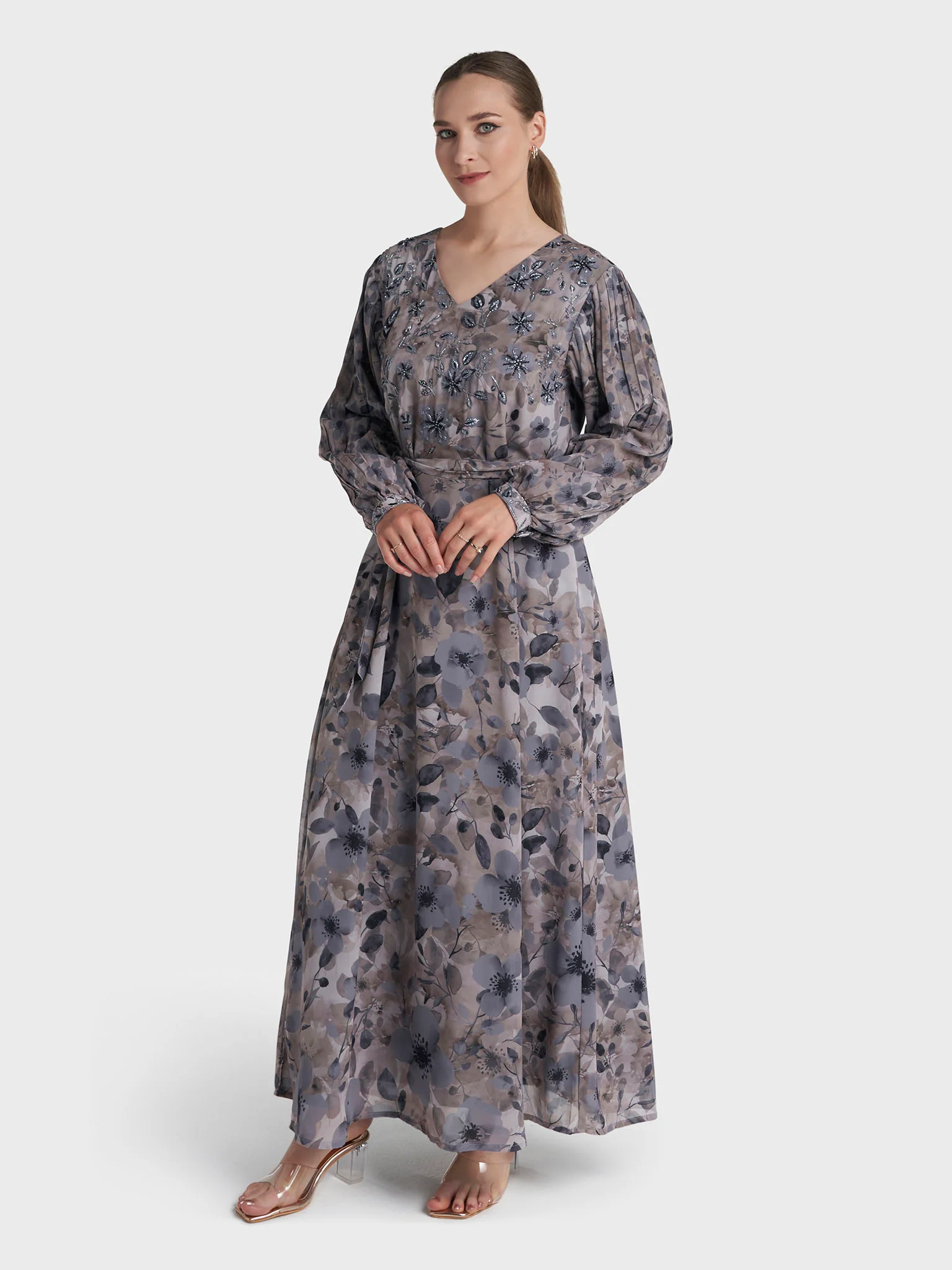 Dark Grey Colour Hand Work Georgette Floral Printed Dress (VDD03) - Image 3