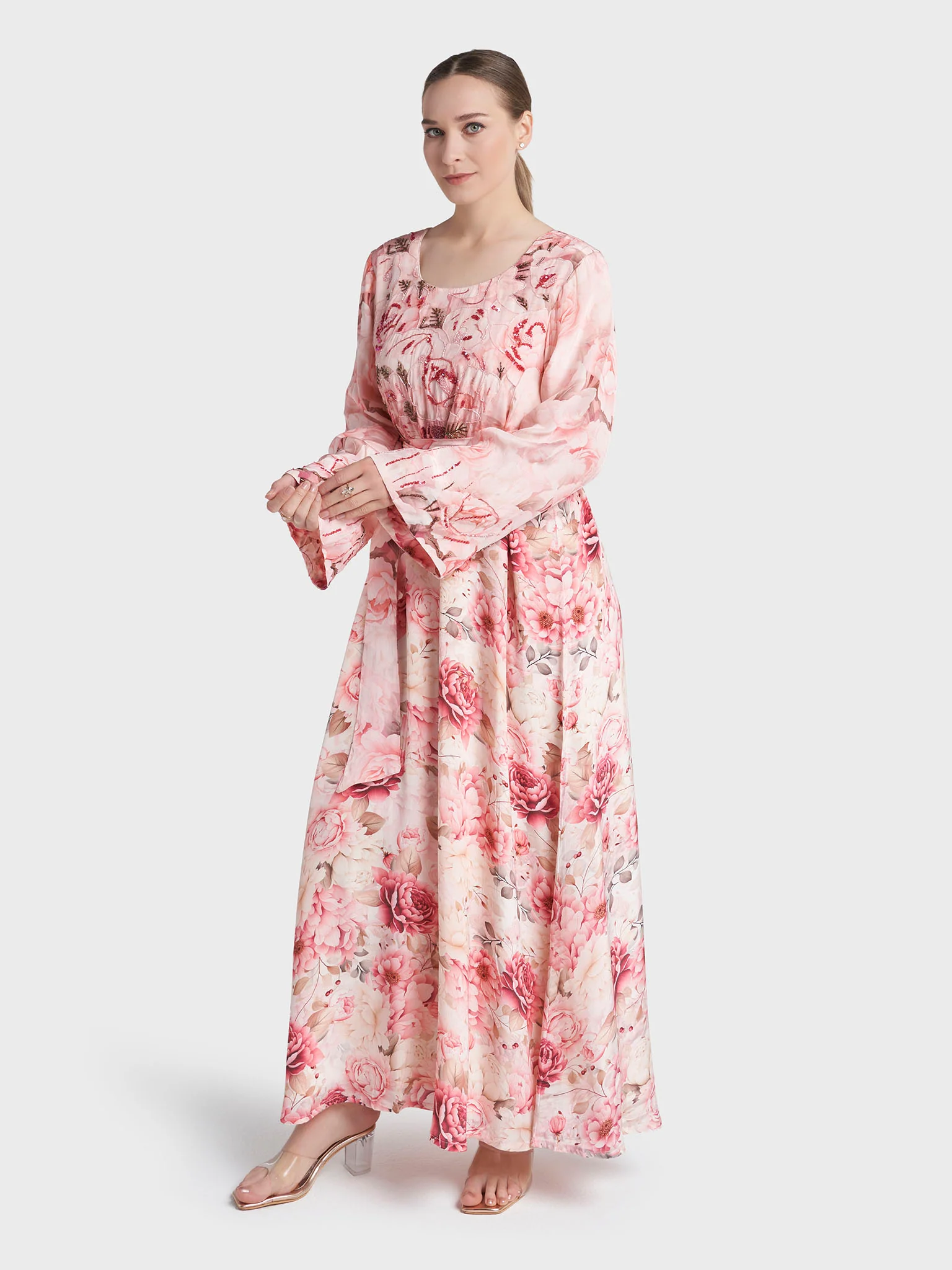 Pink Colour Hand Work Viscose Crepe Floral Printed Dress (VDD05) - Image 3