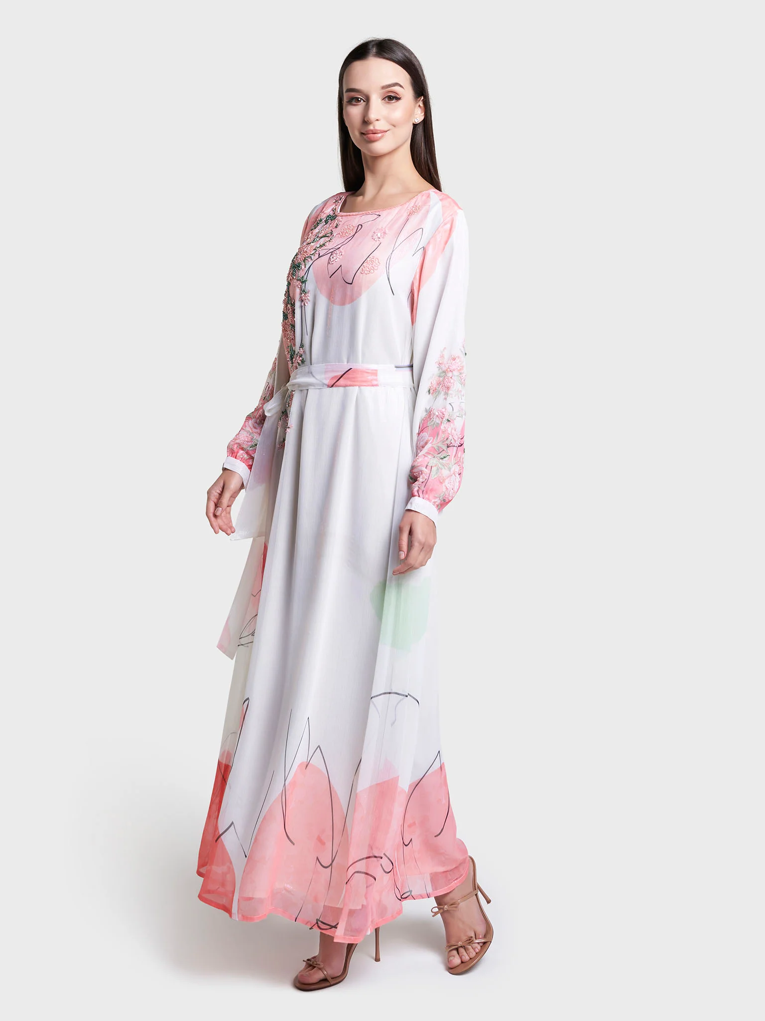 Offwhite Colour Floral Printed Polyester Hand Work Long Dress (VDD18) - Image 3