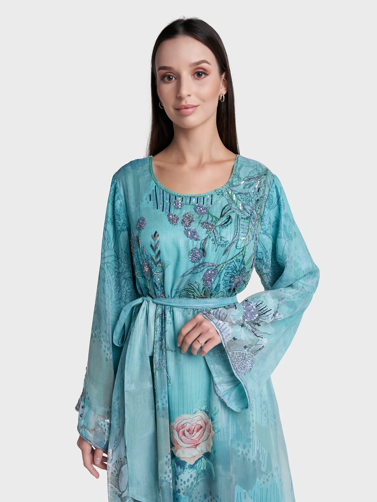 Sea Green Colour Hand Work Floral Printed Dress (VDD20)