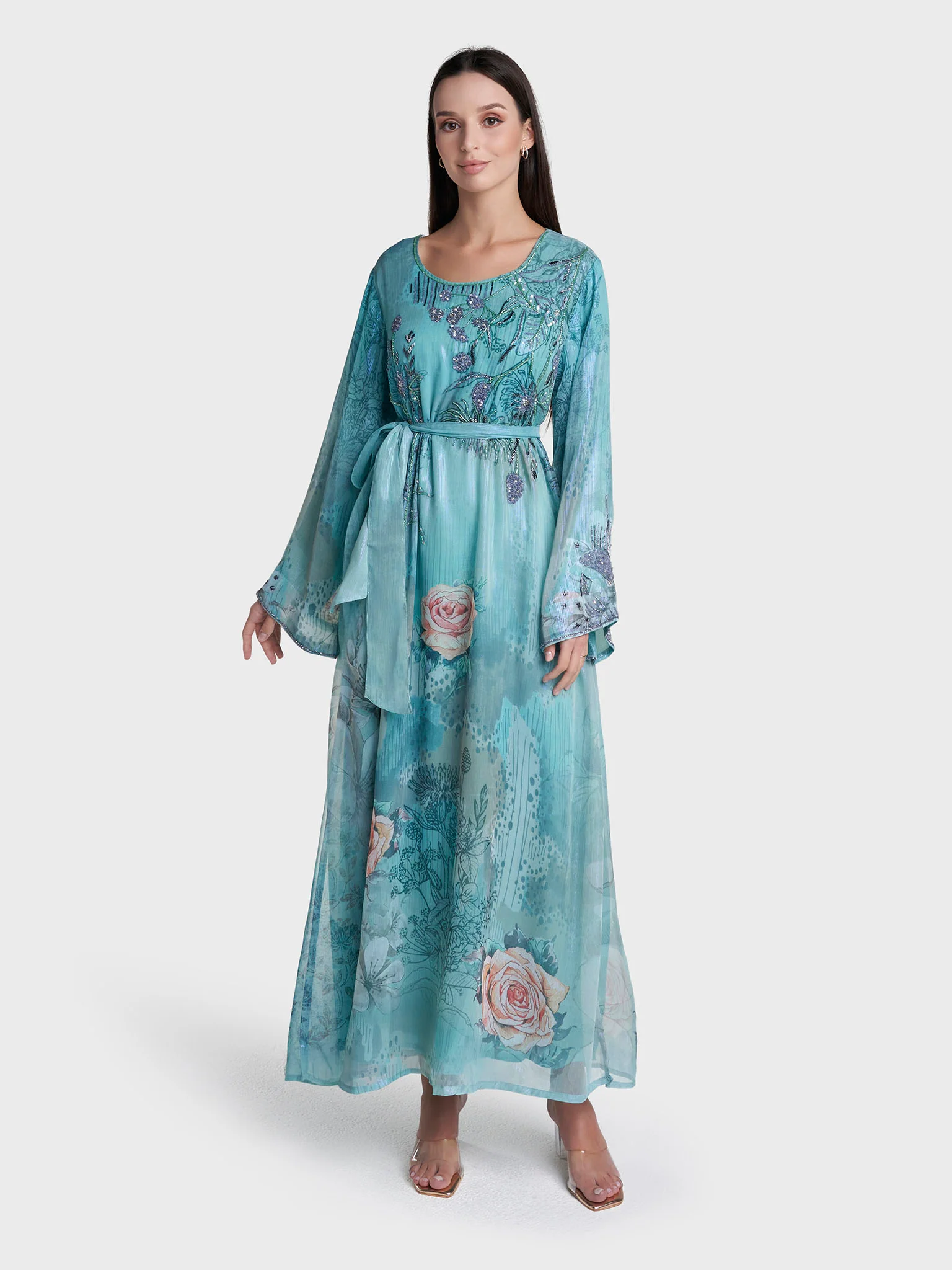 Sea Green Colour Hand Work Floral Printed Dress (VDD20) - Image 2
