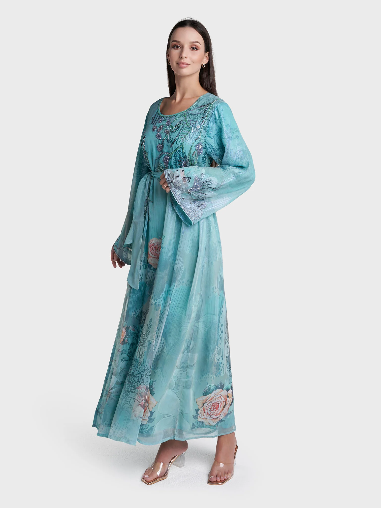 Sea Green Colour Hand Work Floral Printed Dress (VDD20) - Image 3