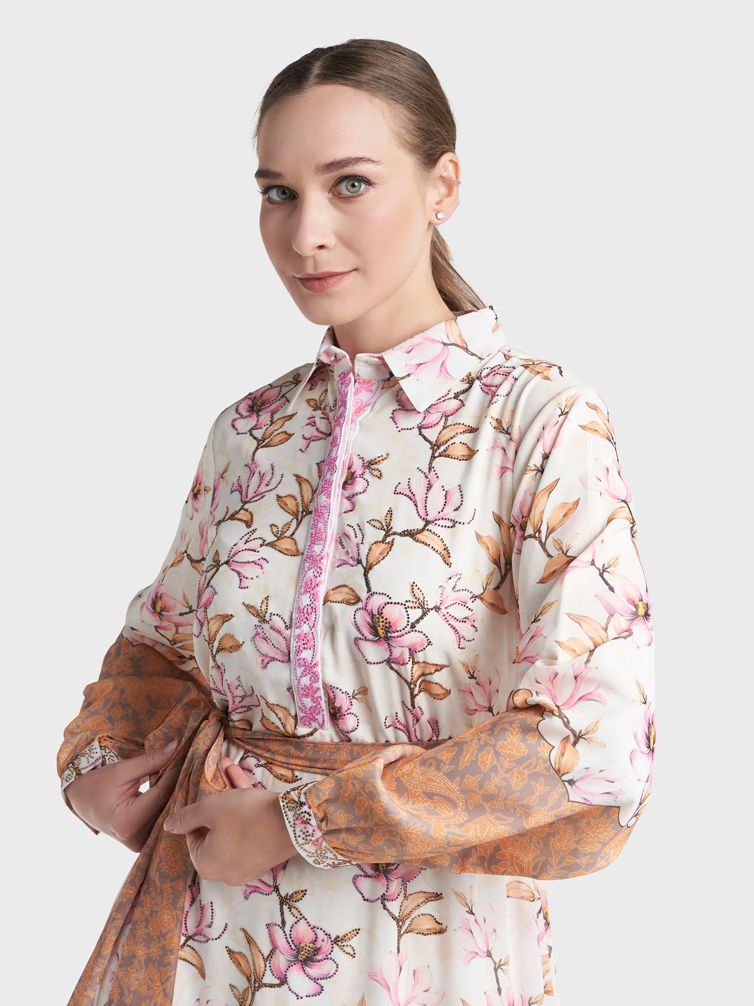 Cream Colour Stone Work Georgette Floral Printed Dress (VDE414)