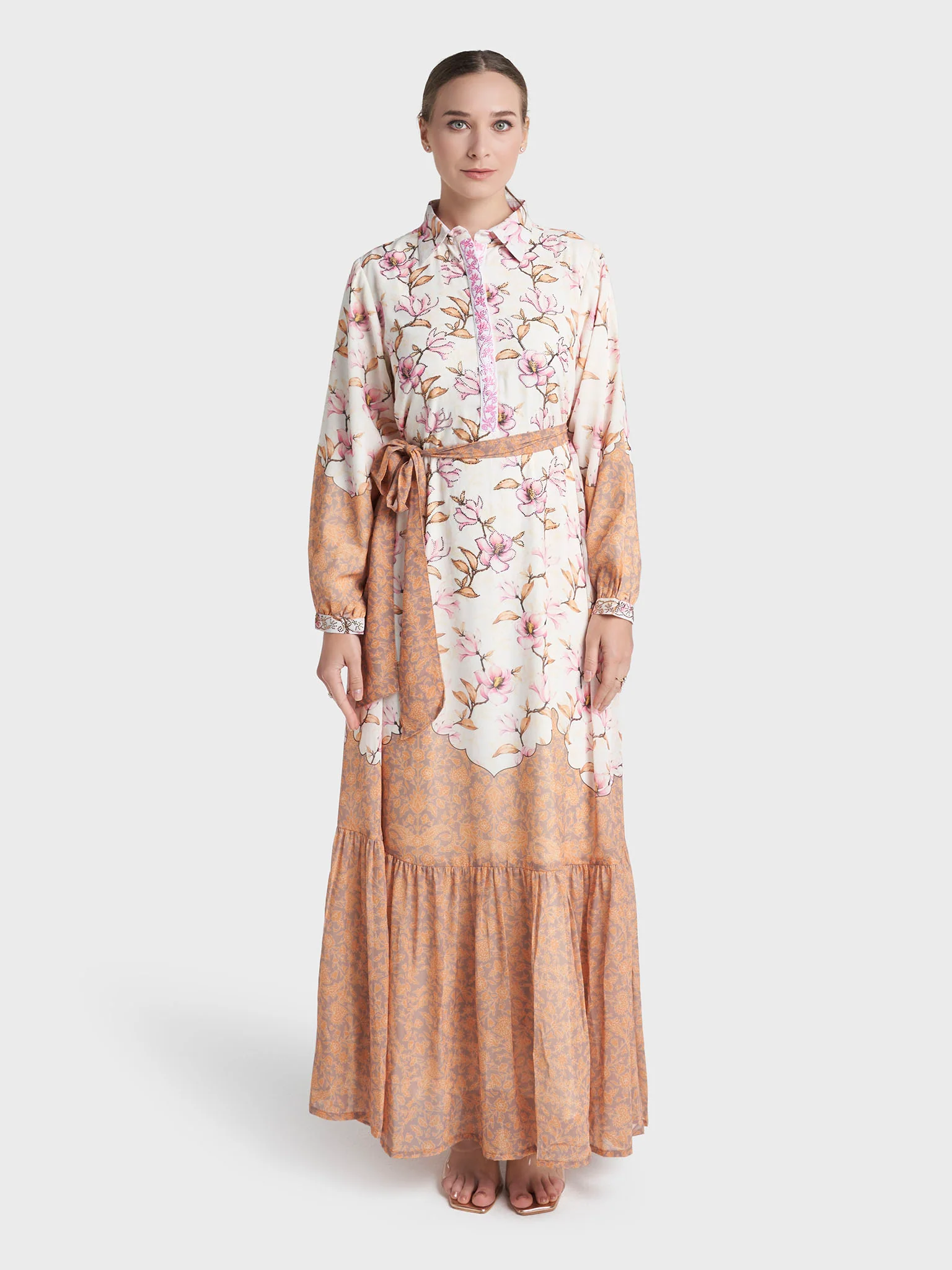 Cream Colour Stone Work Georgette Floral Printed Dress (VDE414) - Image 2