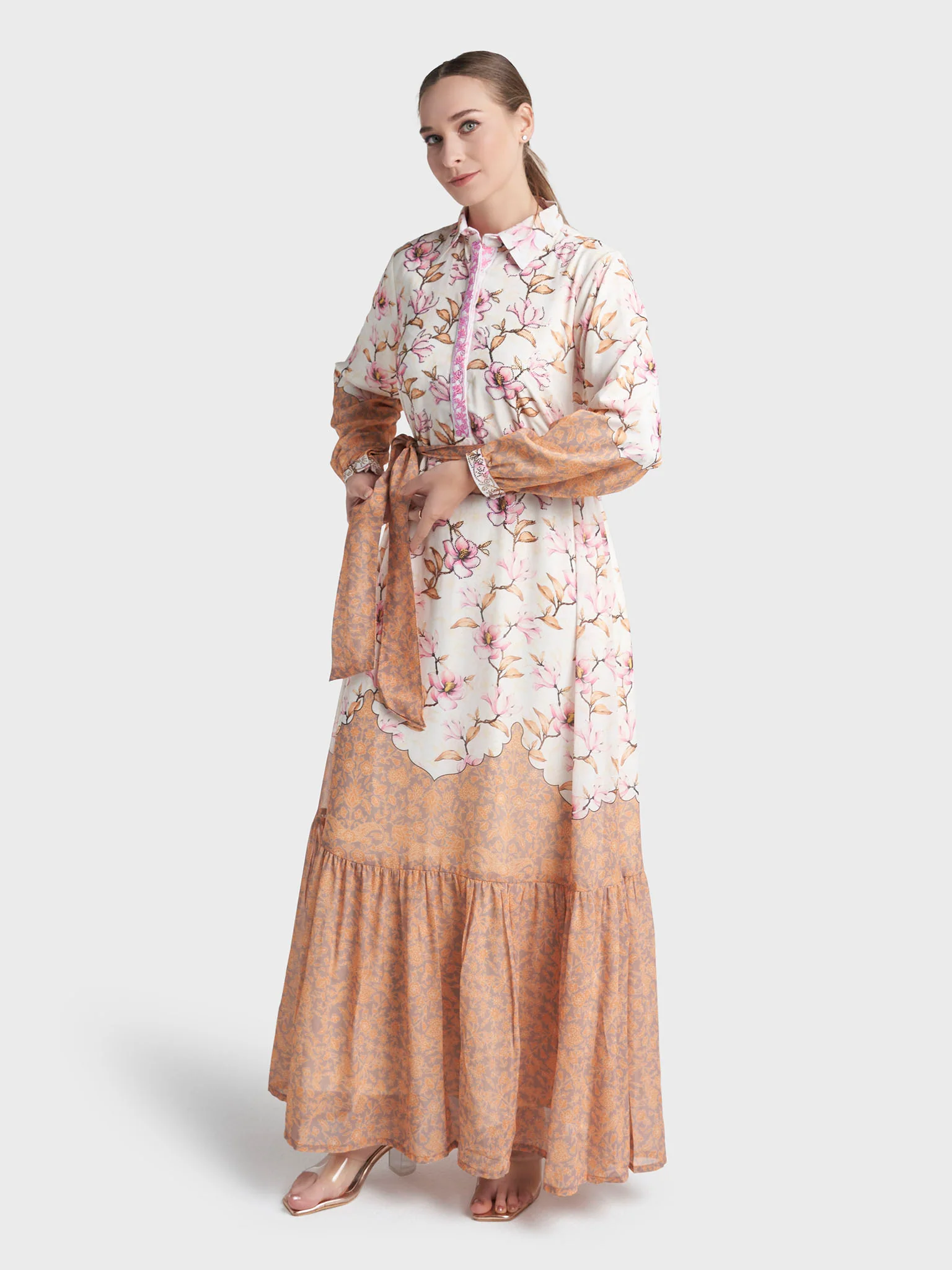 Cream Colour Stone Work Georgette Floral Printed Dress (VDE414) - Image 3