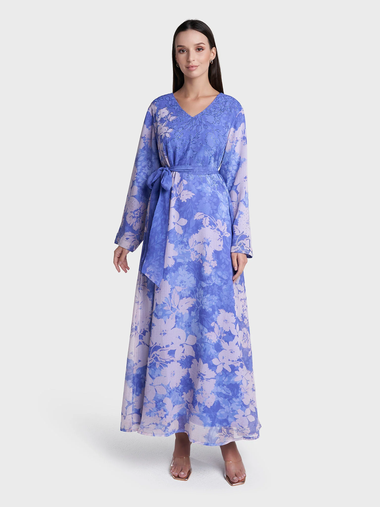 Ink Blue Colour Floral Print Marble Chiffon Stone Work Dress (VDE418) - Image 2
