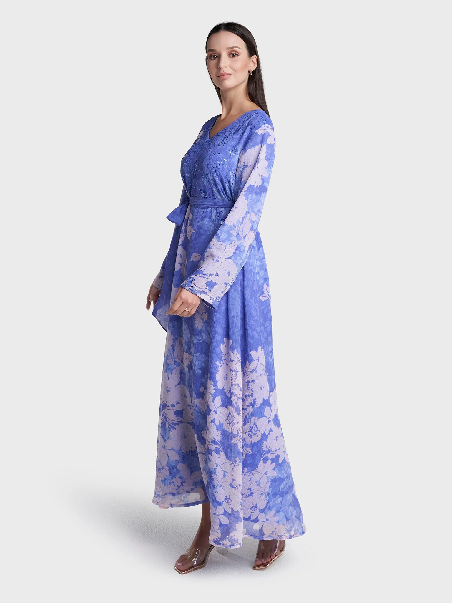 Ink Blue Colour Floral Print Marble Chiffon Stone Work Dress (VDE418) - Image 3