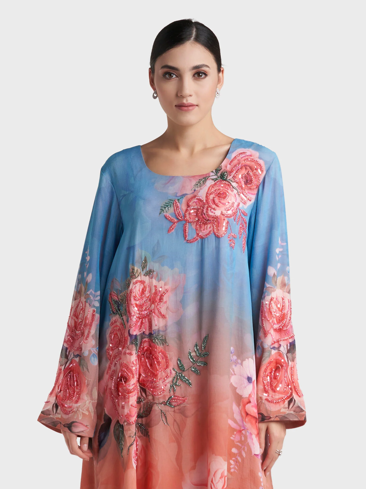Peach Floral Print Hand Work Chiffon Long Dress (VDE425)
