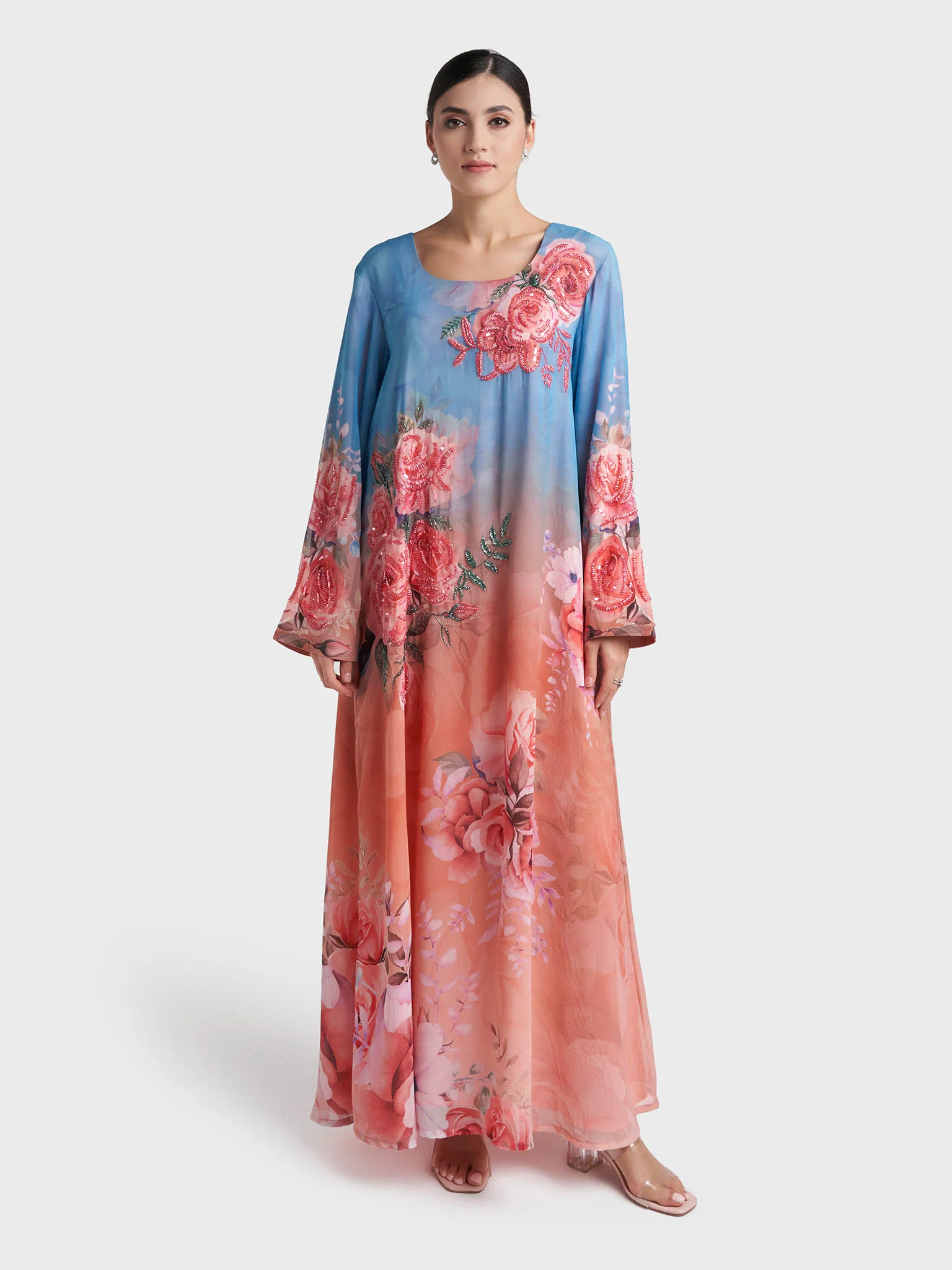 Peach Floral Print Hand Work Chiffon Long Dress (VDE425) - Image 2