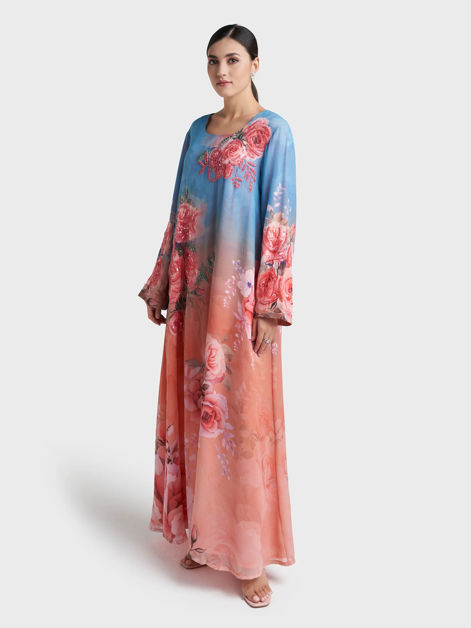 Peach Floral Print Hand Work Chiffon Long Dress (VDE425) - Image 3