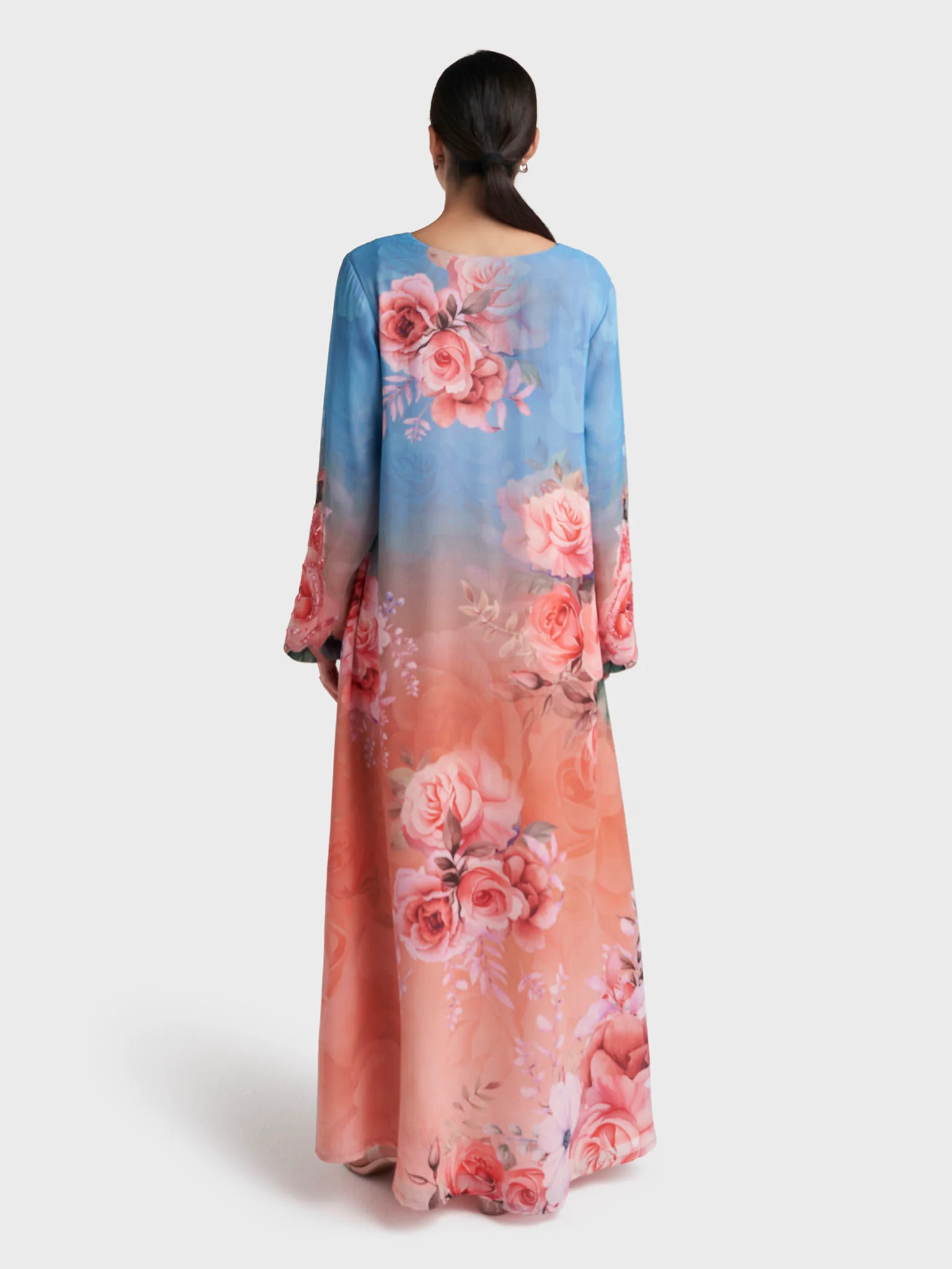 Peach Floral Print Hand Work Chiffon Long Dress (VDE425) - Image 4