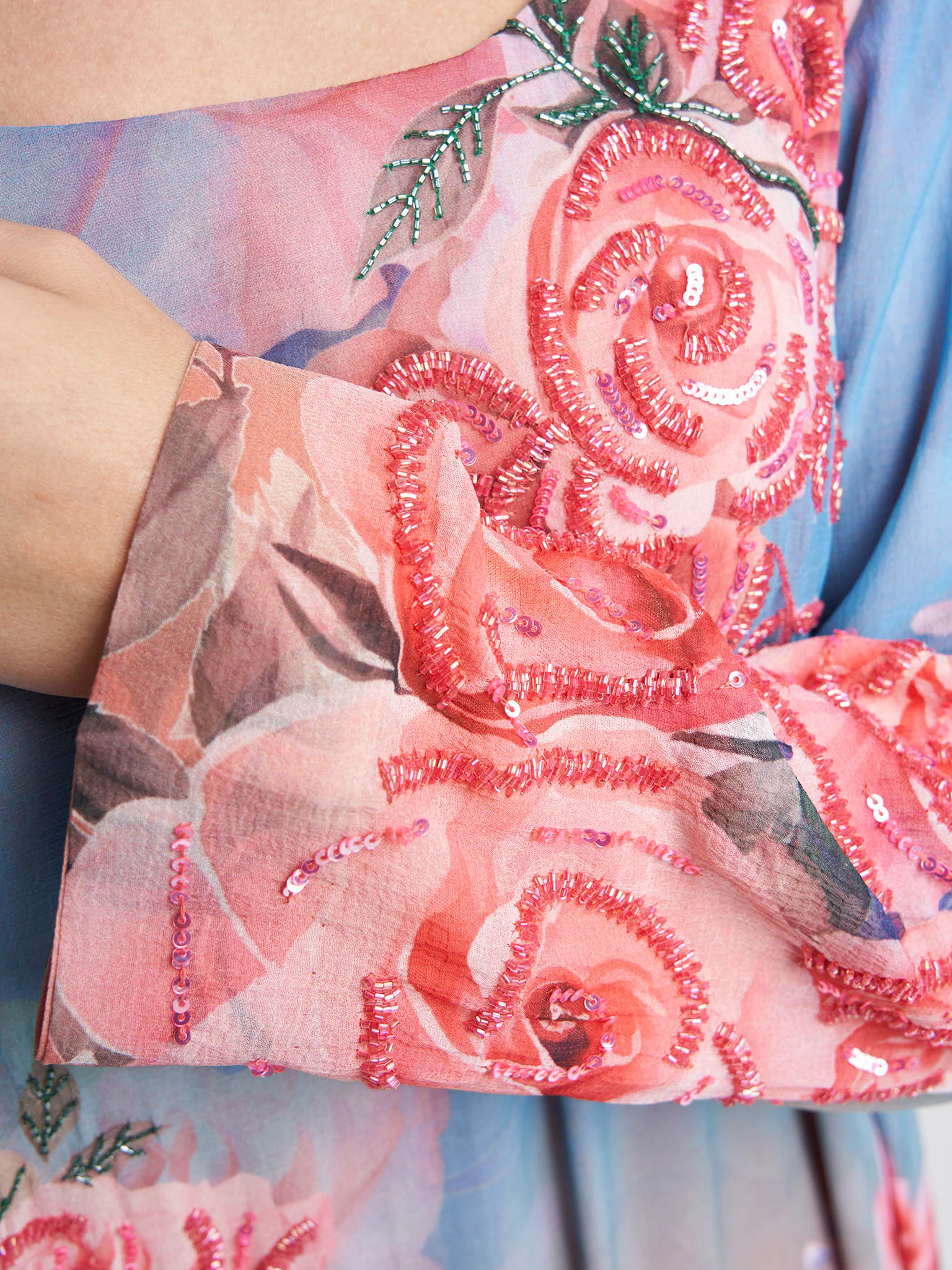 Peach Floral Print Hand Work Chiffon Long Dress (VDE425) - Image 5