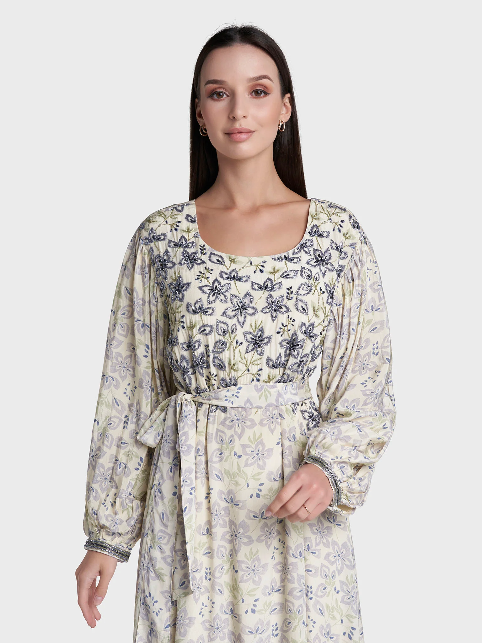Light Yellow Colour Floral Print Viscose Crepe Hand Work Dress (VDE441)