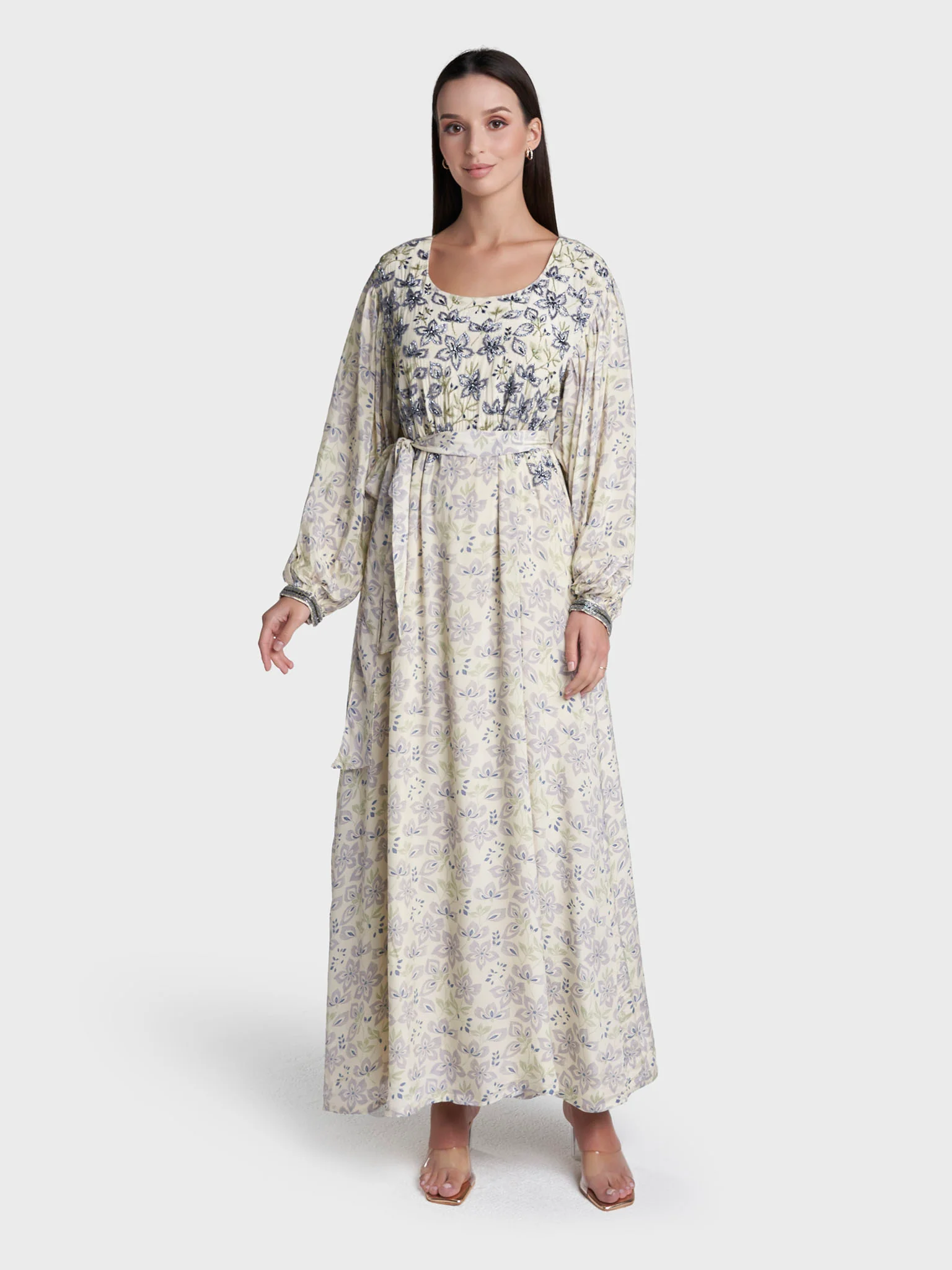 Light Yellow Colour Floral Print Viscose Crepe Hand Work Dress (VDE441) - Image 2