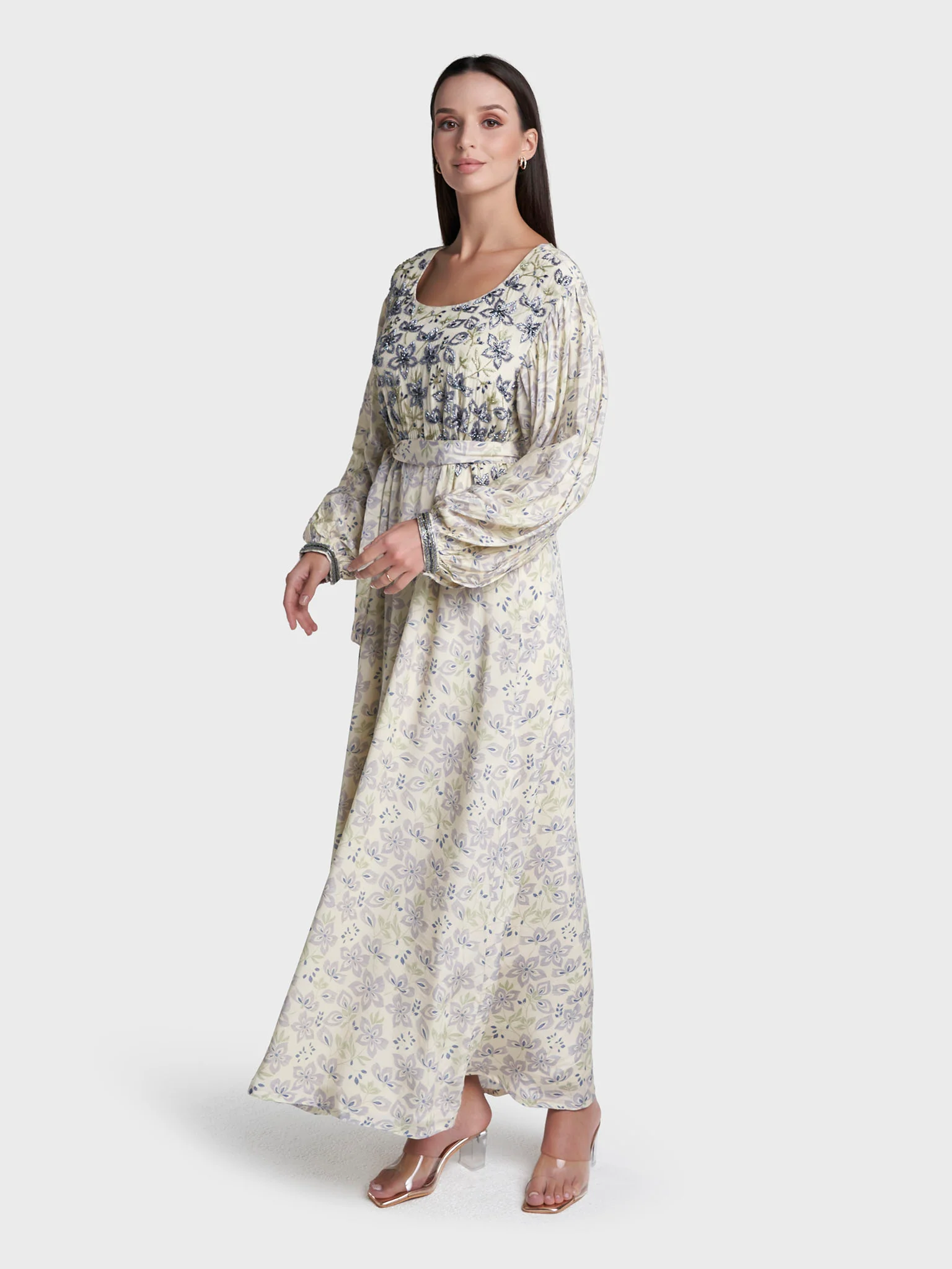 Light Yellow Colour Floral Print Viscose Crepe Hand Work Dress (VDE441) - Image 3
