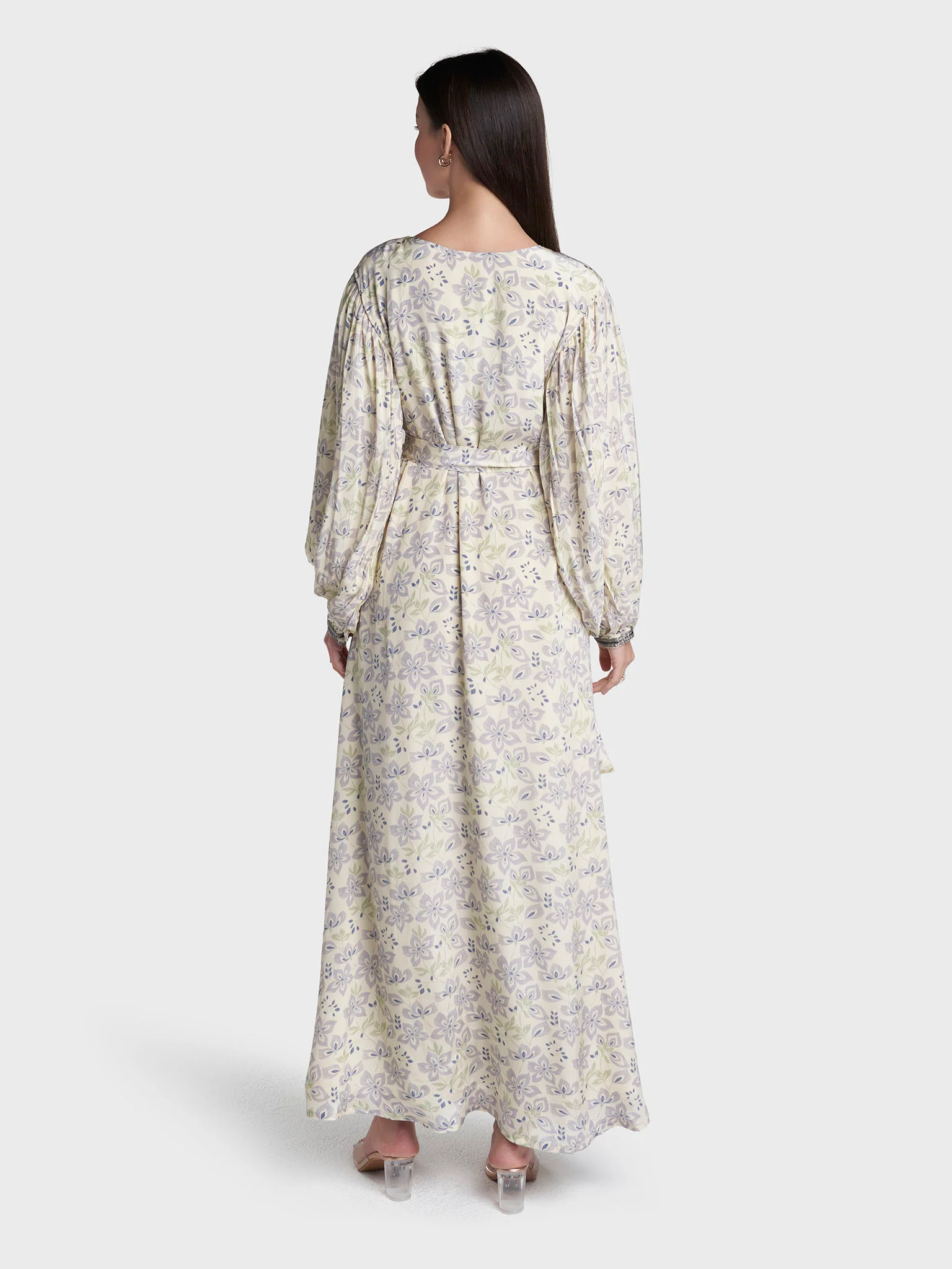 Light Yellow Colour Floral Print Viscose Crepe Hand Work Dress (VDE441) - Image 4