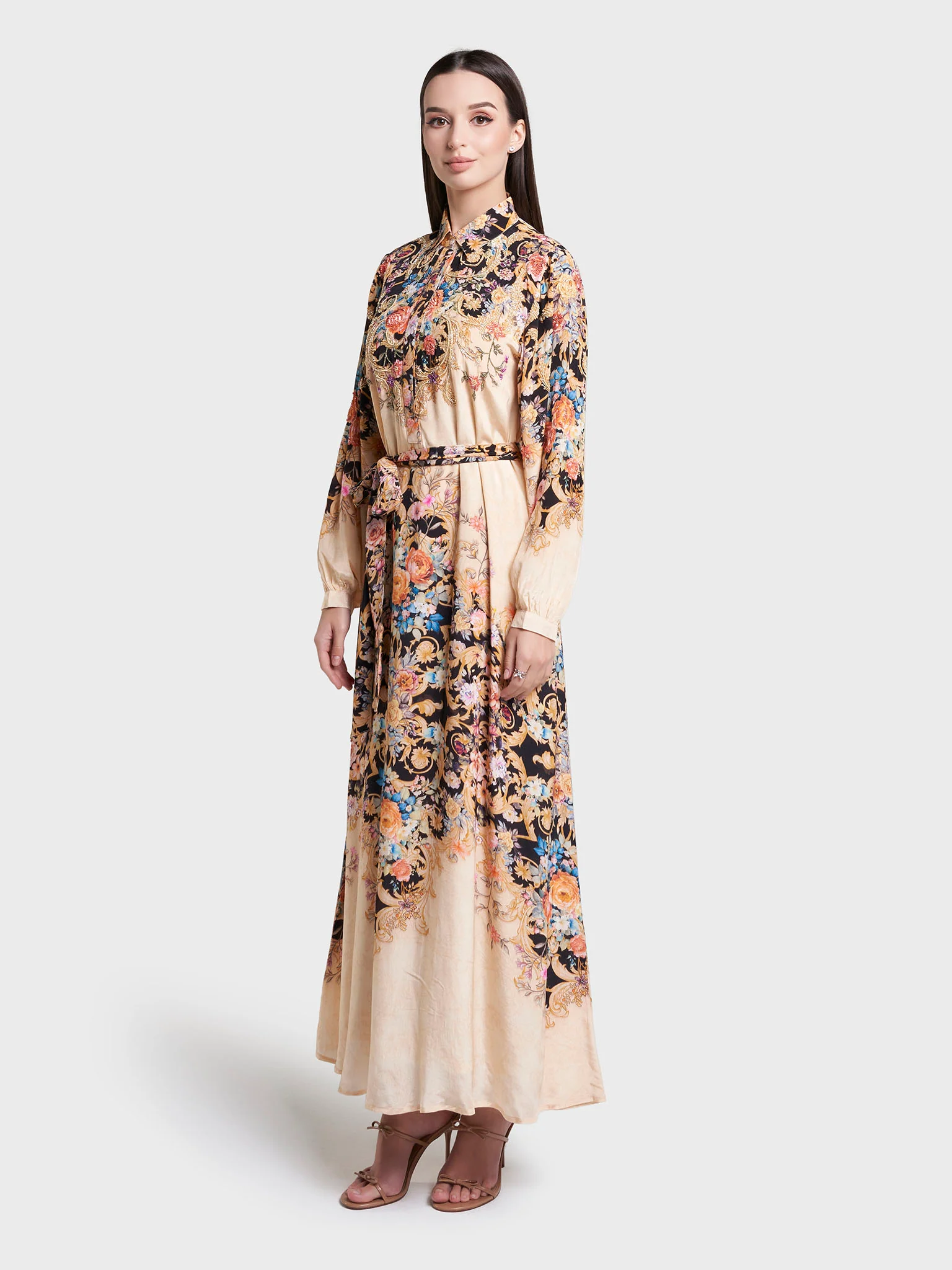 Light Peach Colour Floral Printed Viscose Hand Work Long Dress (VDK411) - Image 3