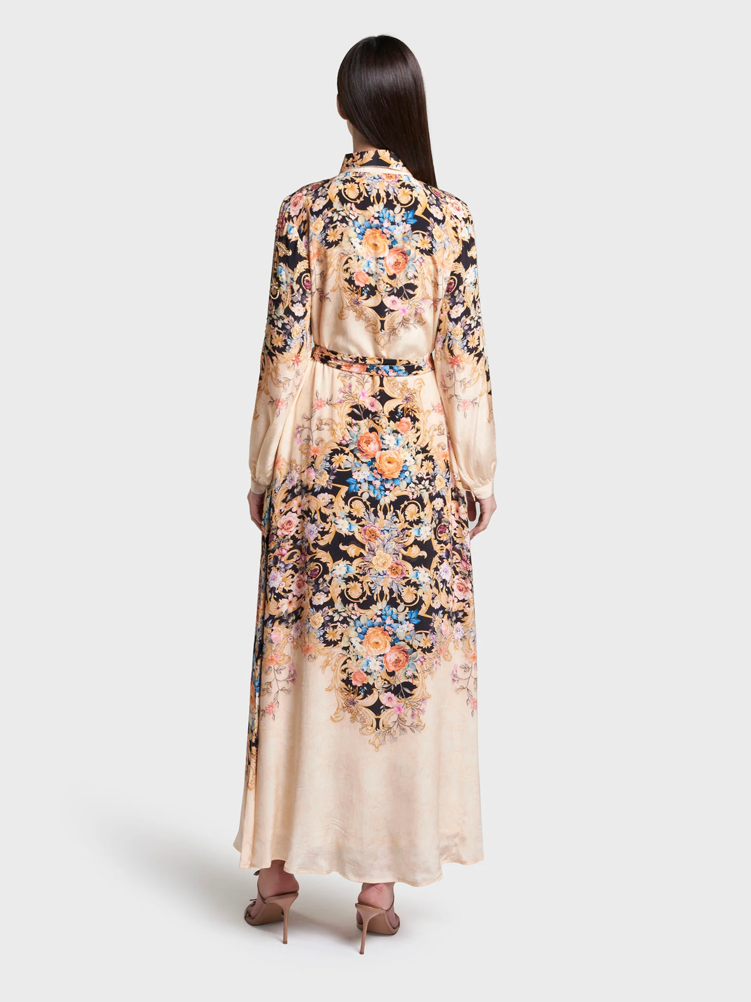 Light Peach Colour Floral Printed Viscose Hand Work Long Dress (VDK411) - Image 4